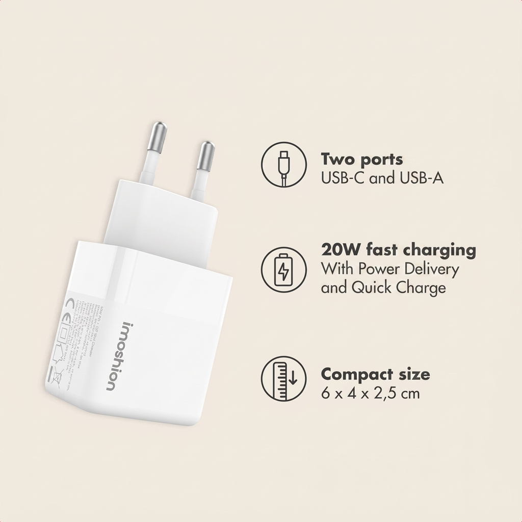 Weißes USB-Ladegerät mit zwei Anschlüssen, 20W Schnellladung und kompakten Maßen auf beige Hintergrund.