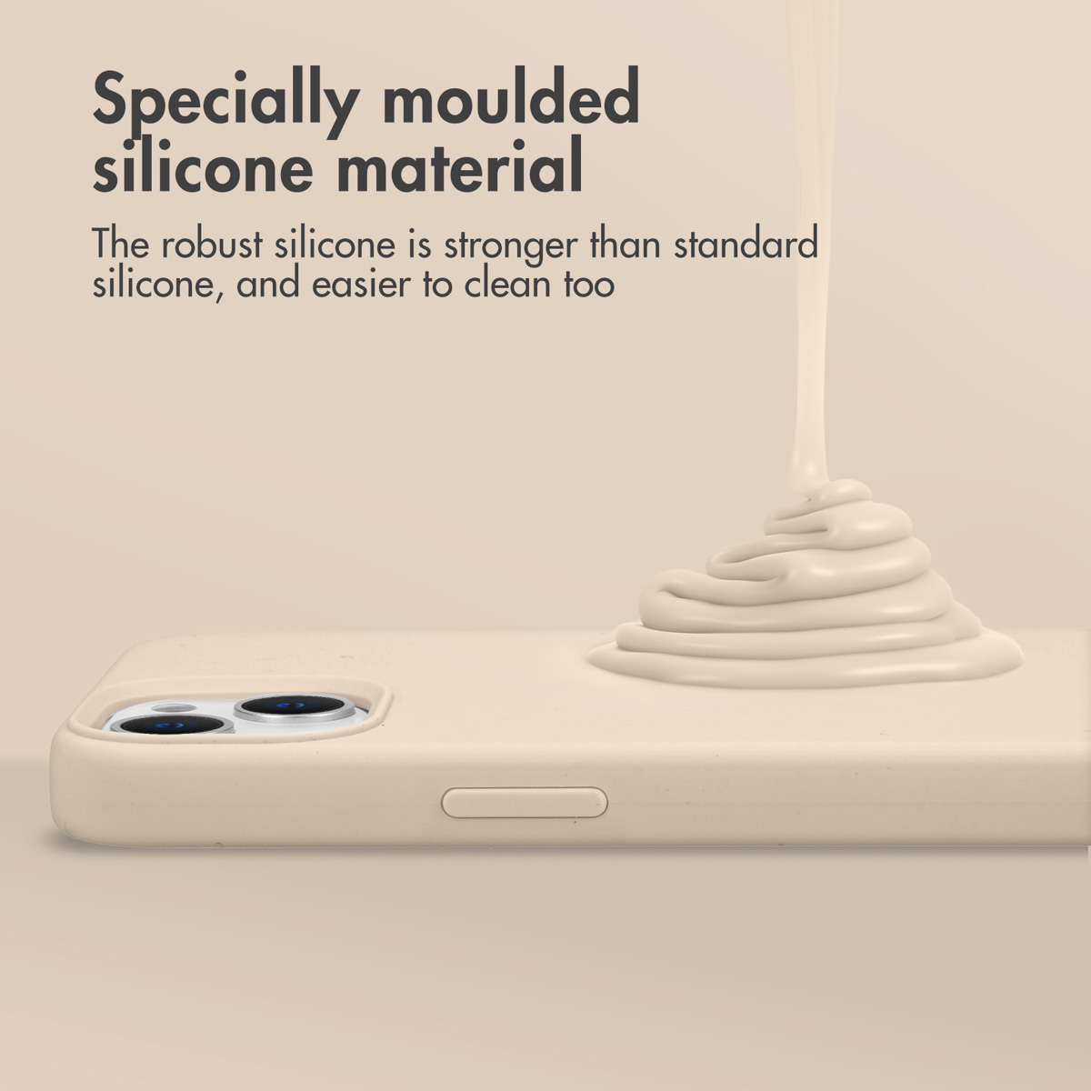 Beżowe silikonowe etui na telefon z wlewanym płynnym silikonem oraz tekstem o wytrzymałym materiale.