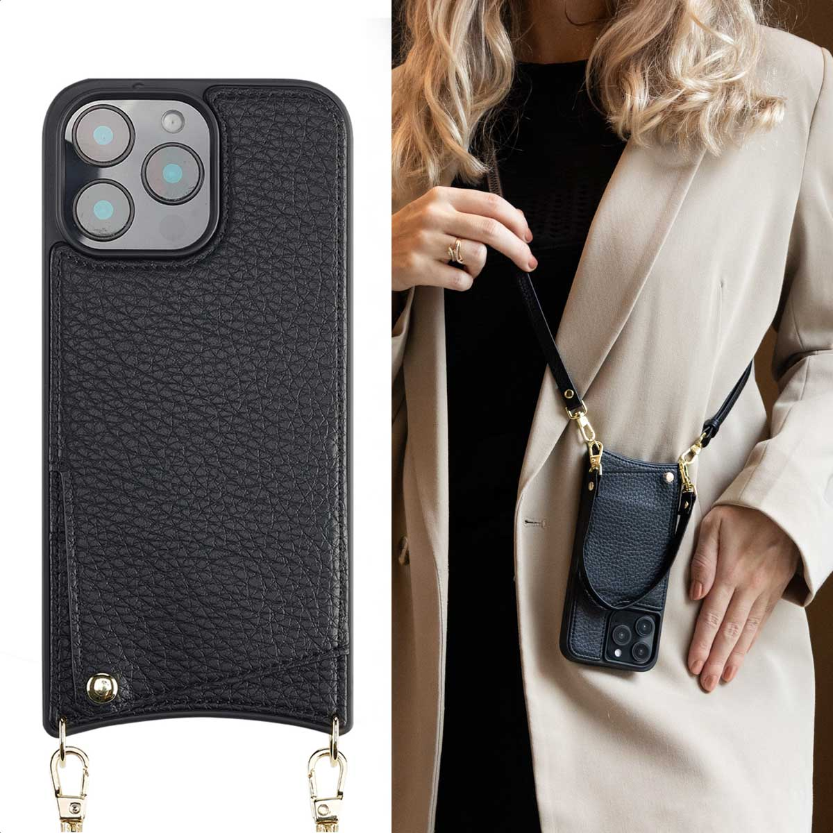 Funda de cuero negro para smartphone con correa y bolsillo para tarjetas.