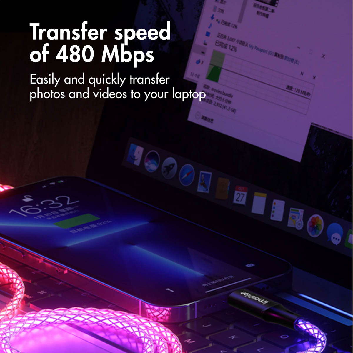 A glowing purple cable connected to a smartphone next to a laptop displaying file transfers.