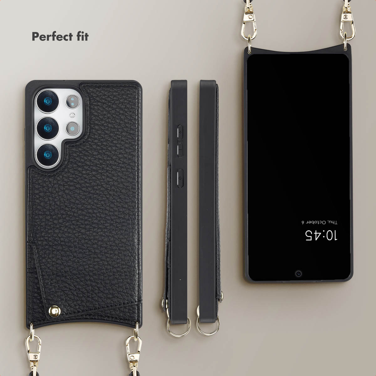 Black leather smartphone case with a shoulder strap and card pocket.