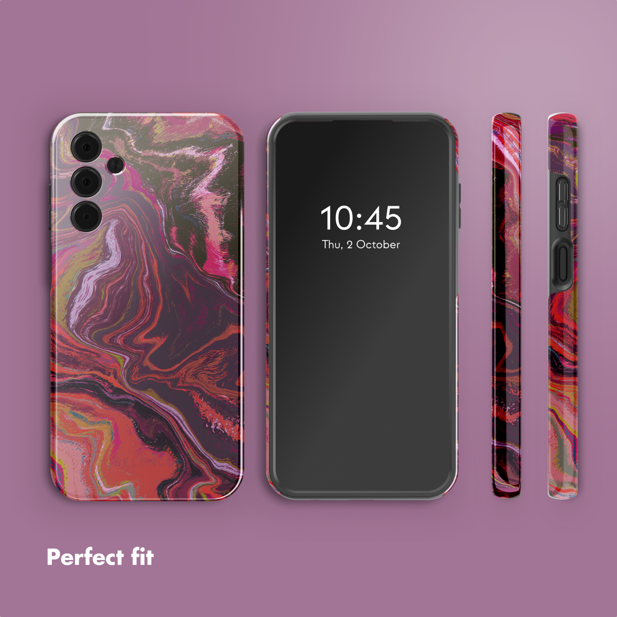 Smartphone in verschiedenen Ansichten mit einer lebendigen, abstrakten rot-lila Marmor-Designhülle.