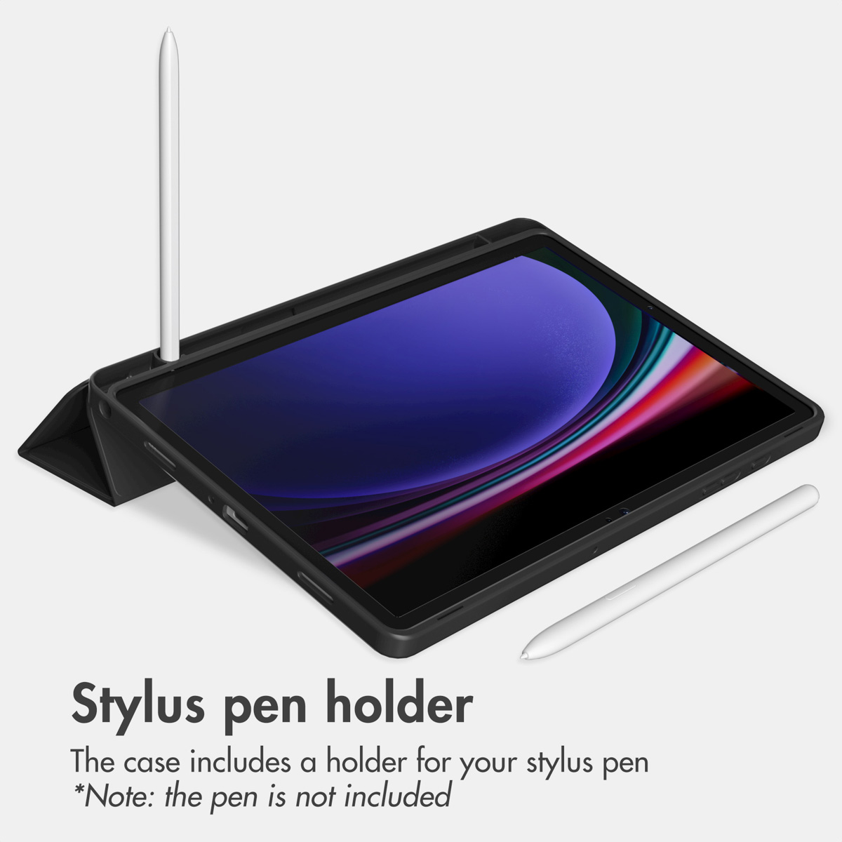 A tablet in a black case with a stylus holder on a white background with text below.