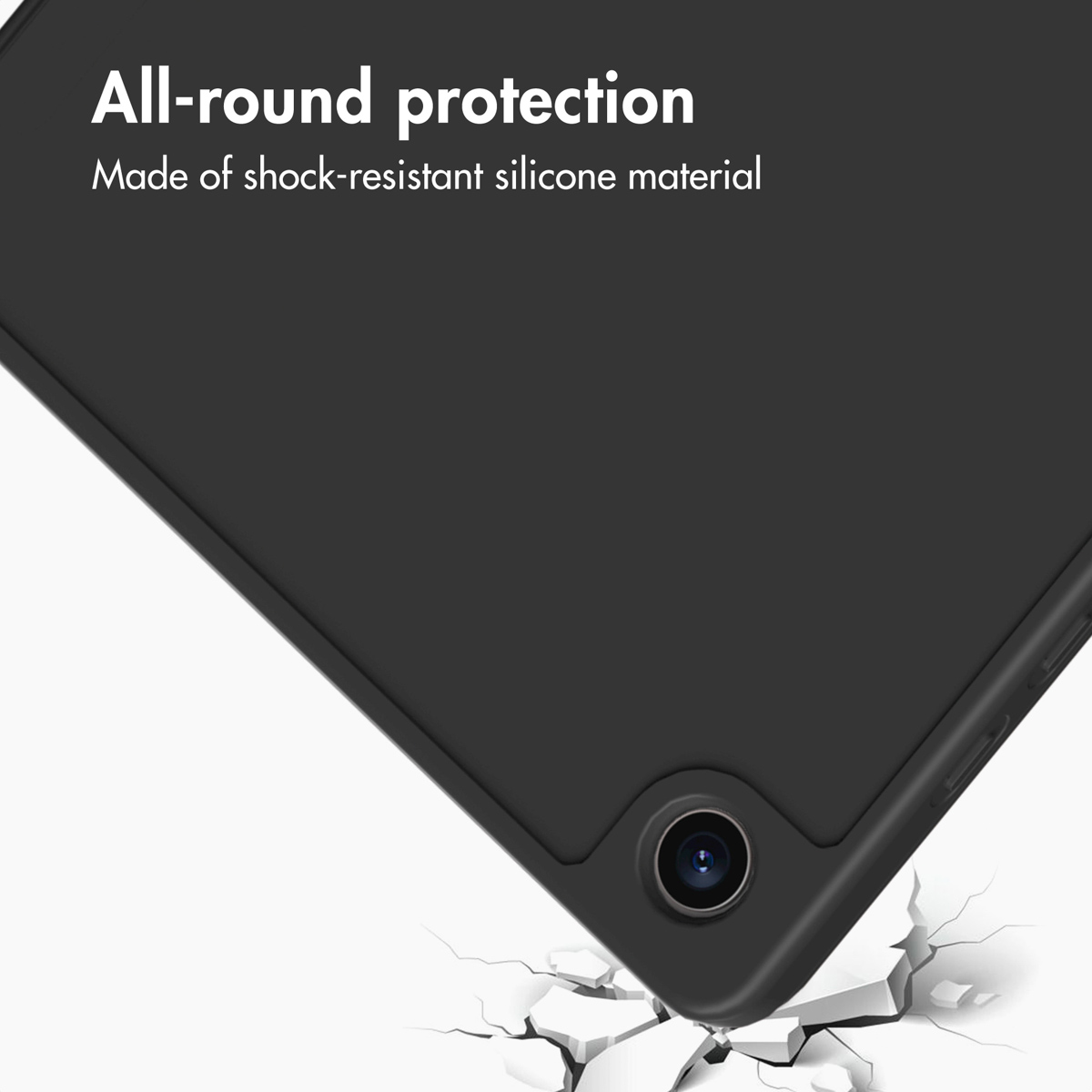 A black tablet case with text reading All-round protection, hovering above broken white ground.