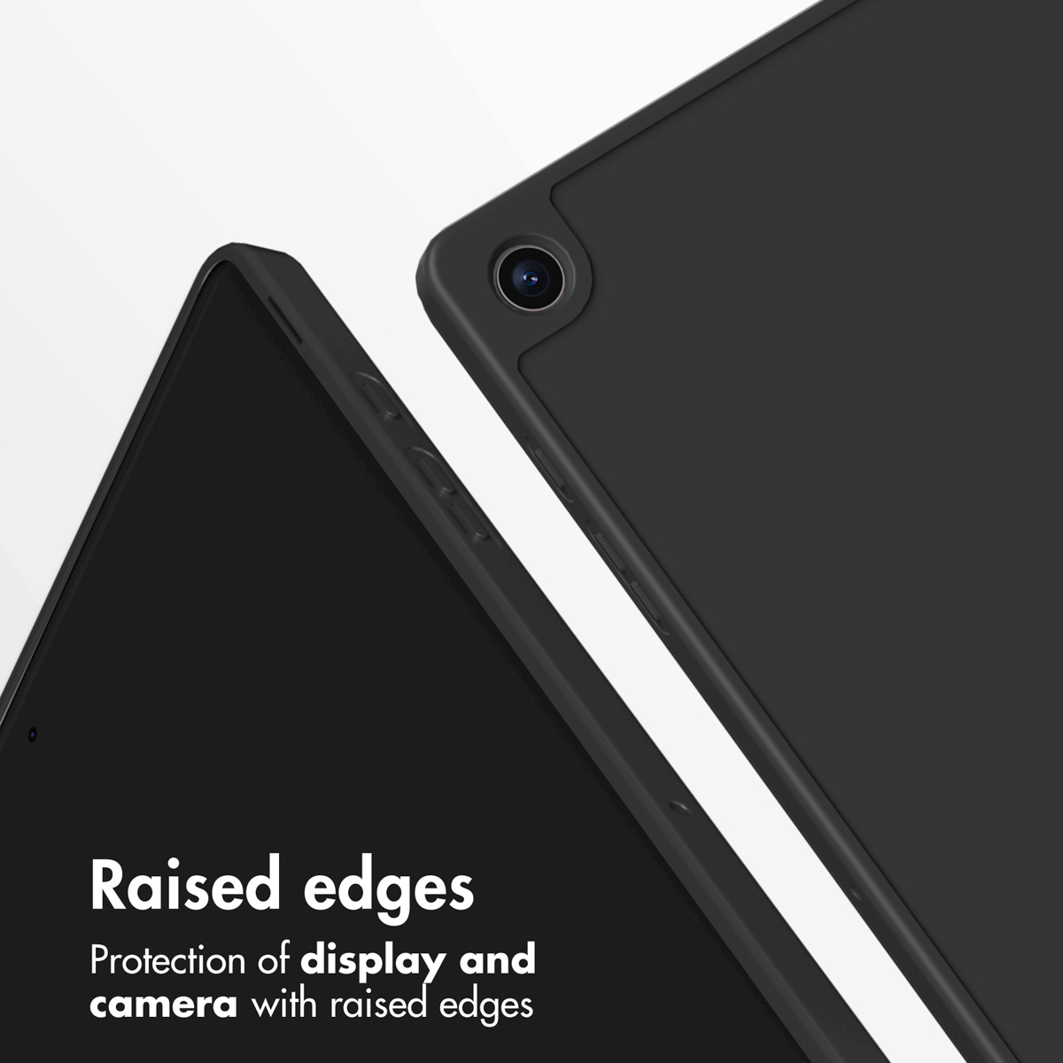 Black tablet case showing raised edges for screen and camera protection.
