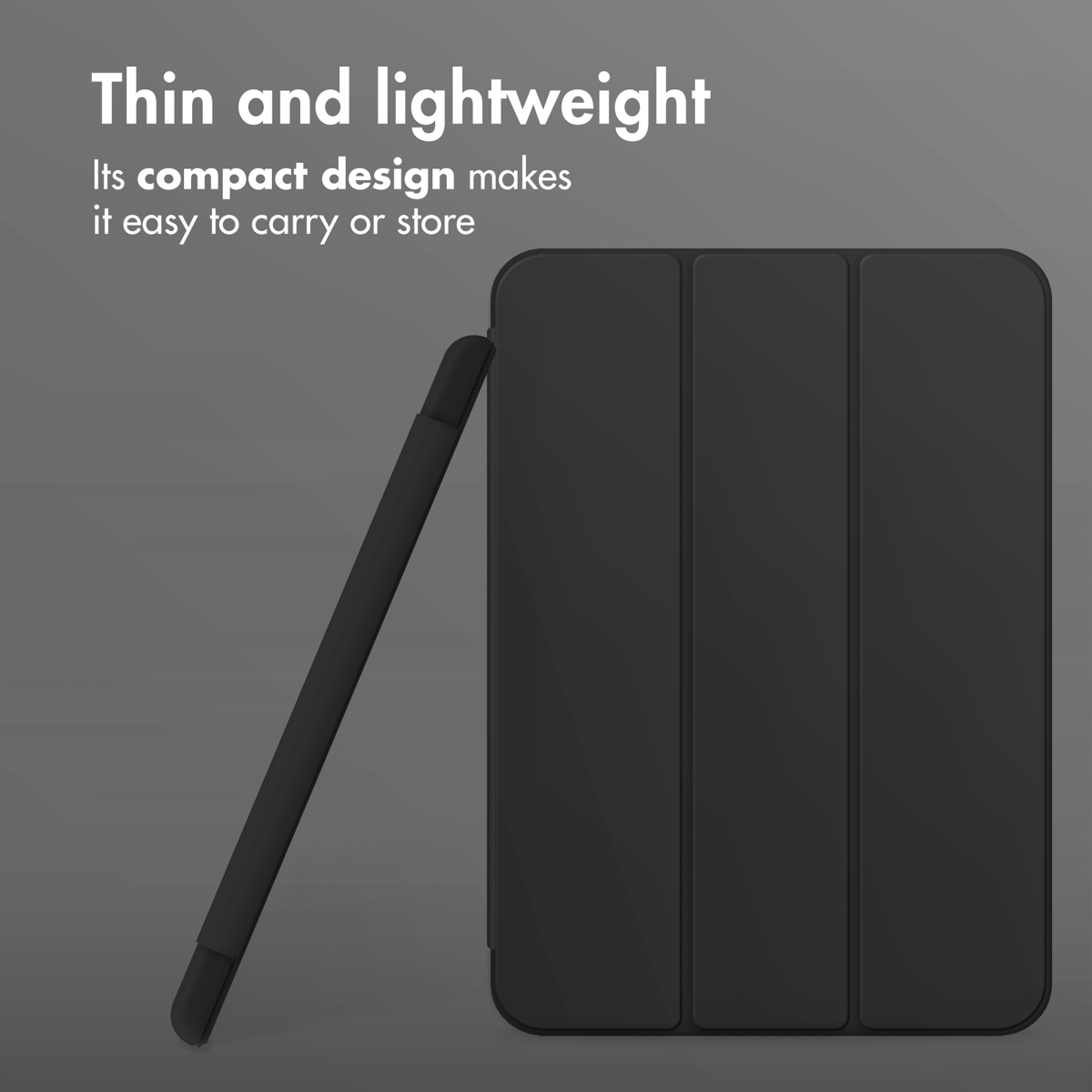 Custodia per tablet nera sottile e leggera con design a tripla piega su sfondo grigio con testo.