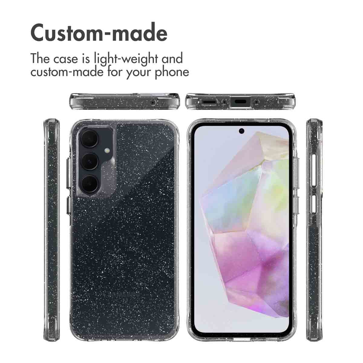 Verschiedene Ansichten einer maßgeschneiderten, leichten Schutzhülle mit schwarzem Glitzerdesign für ein Smartphone.