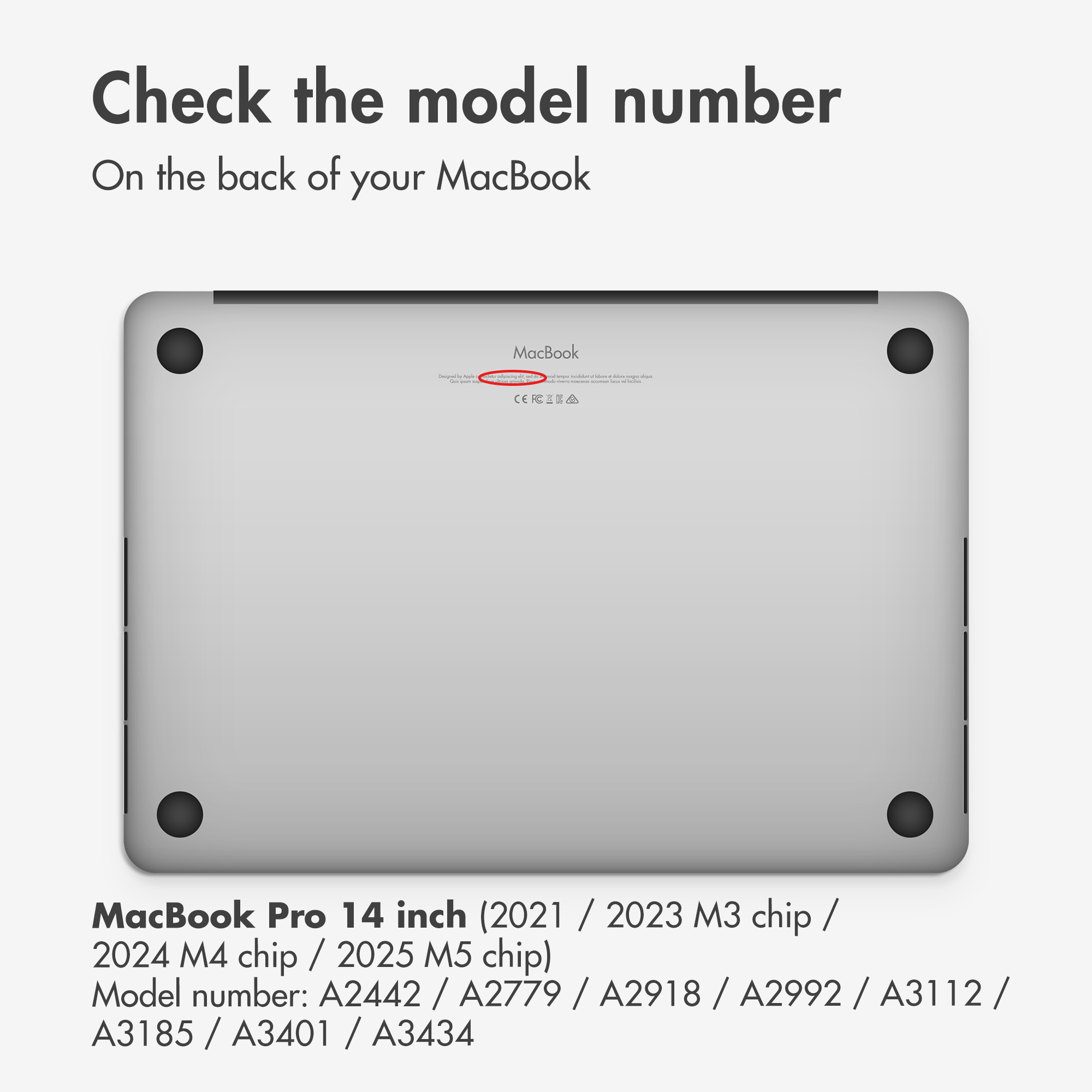 La parte inferior de un MacBook con un círculo rojo resaltando el área del número de modelo y los números.