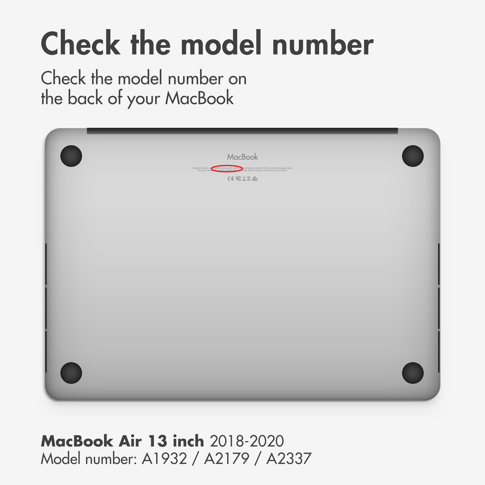 La parte inferior de un MacBook con un número de modelo rodeado en rojo y texto arriba y abajo.