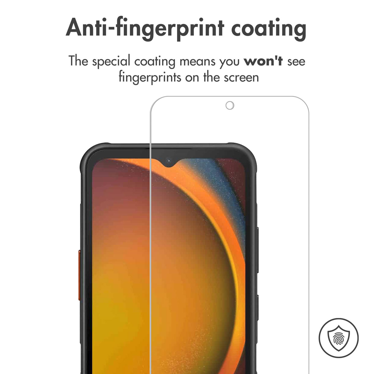 Uno smartphone con pellicola protettiva anti-impronta e testo sulla prevenzione delle macchie.