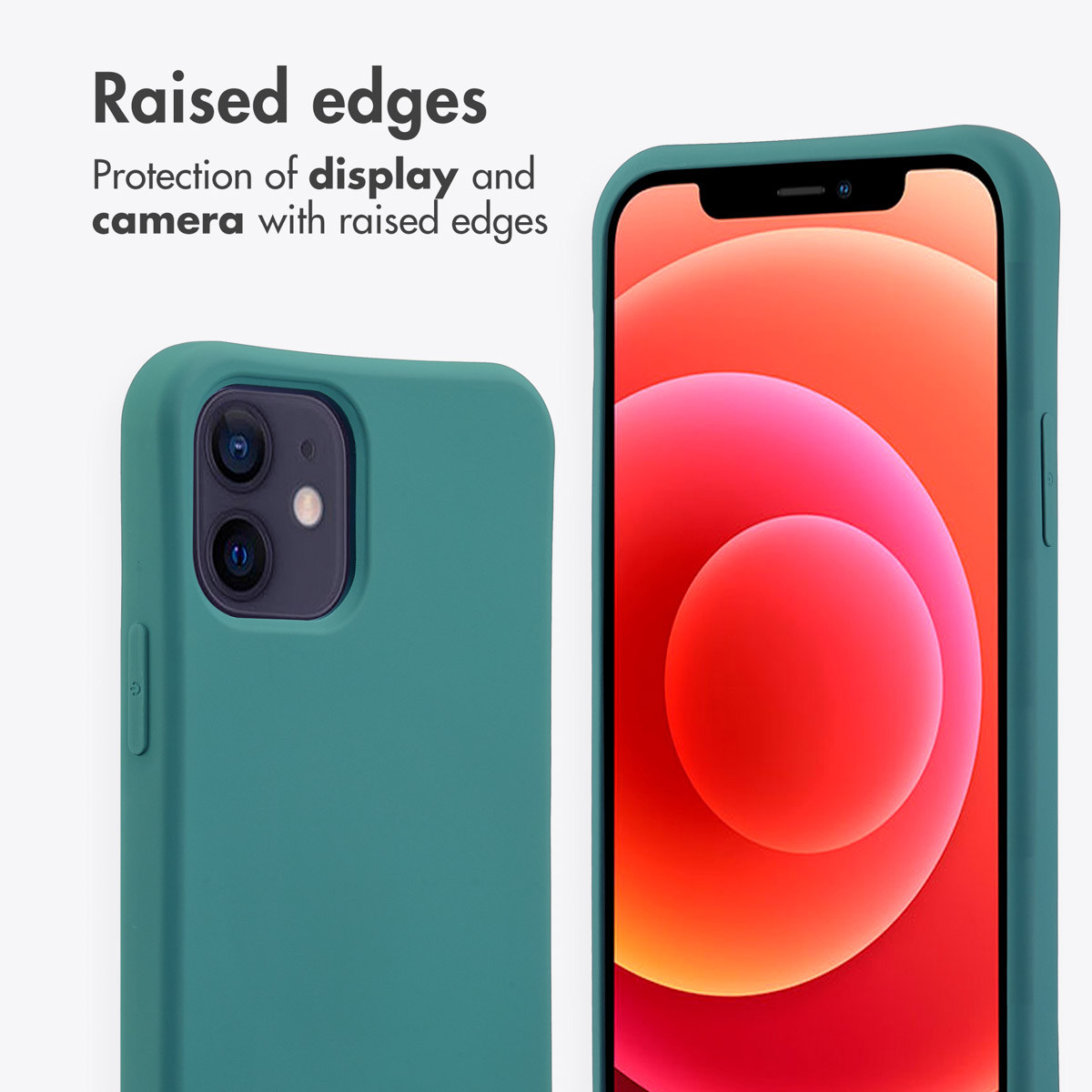 Uno smartphone con cover verde, bordi rialzati per proteggere schermo e fotocamera, con testo sopra.