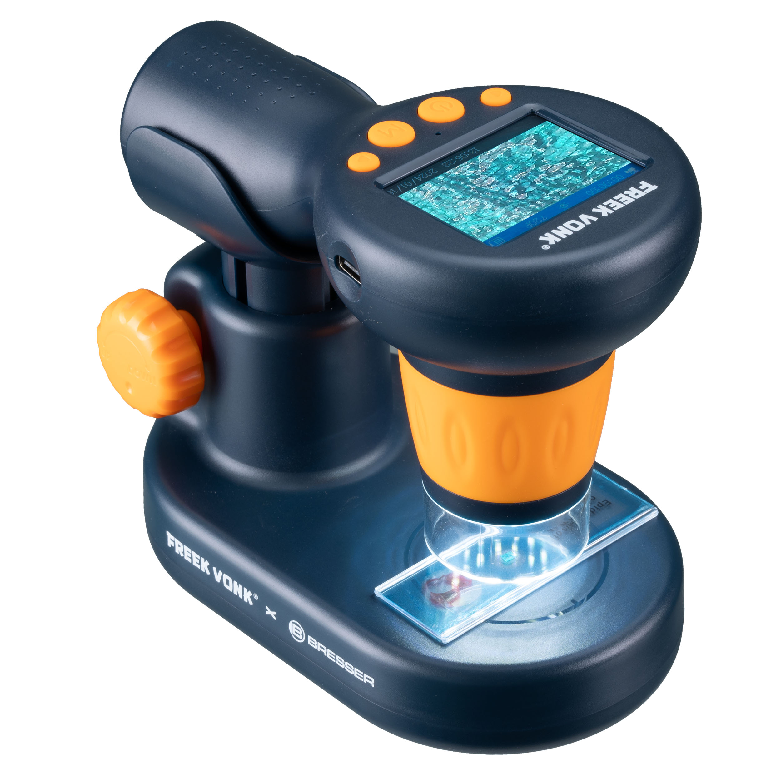 Un microscopio digital portátil azul oscuro y naranja con pantalla iluminada y placa de vidrio en la base.