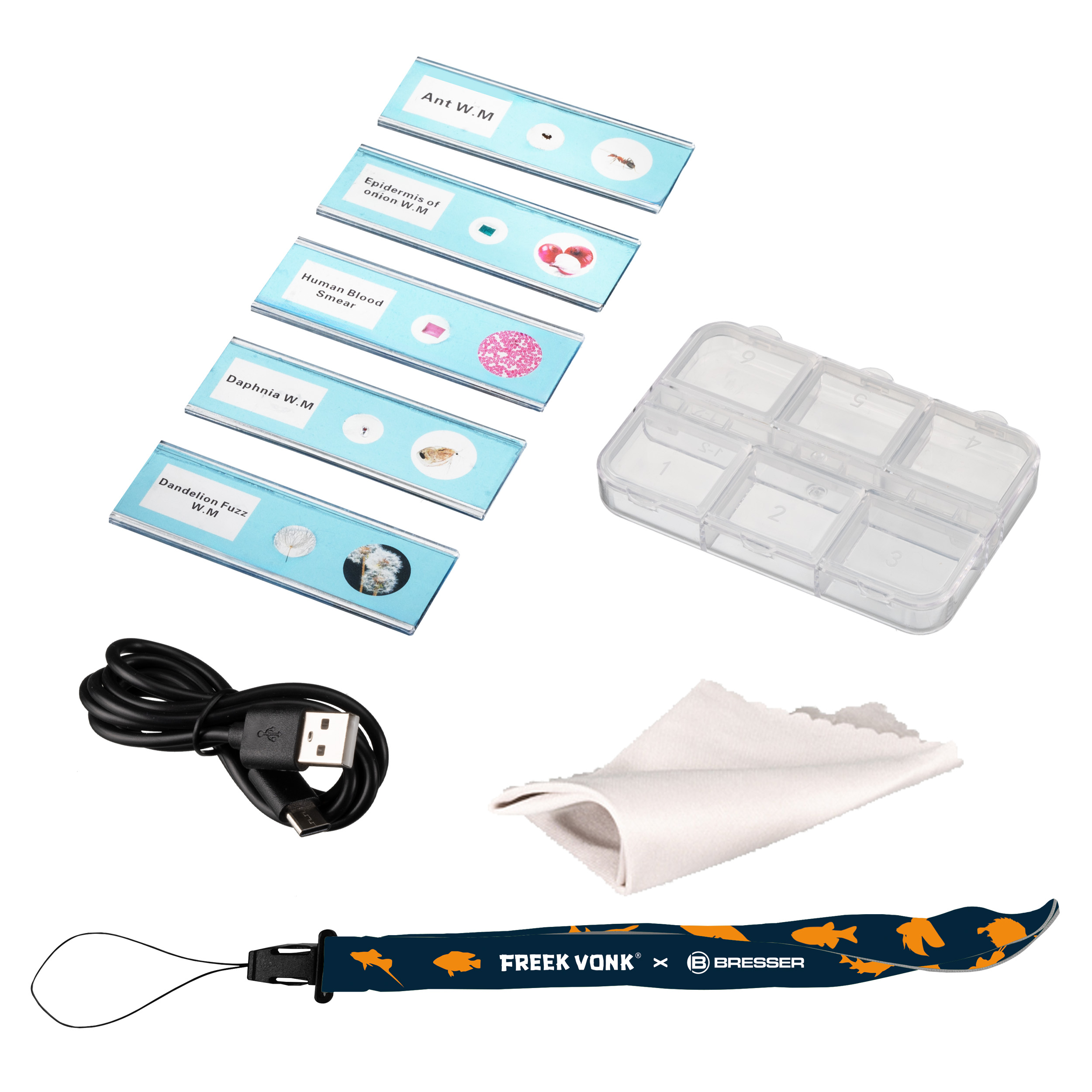Accesorios para microscopio: cinco portaobjetos preparados, una caja de plástico, un cable USB, un paño y un cordón.