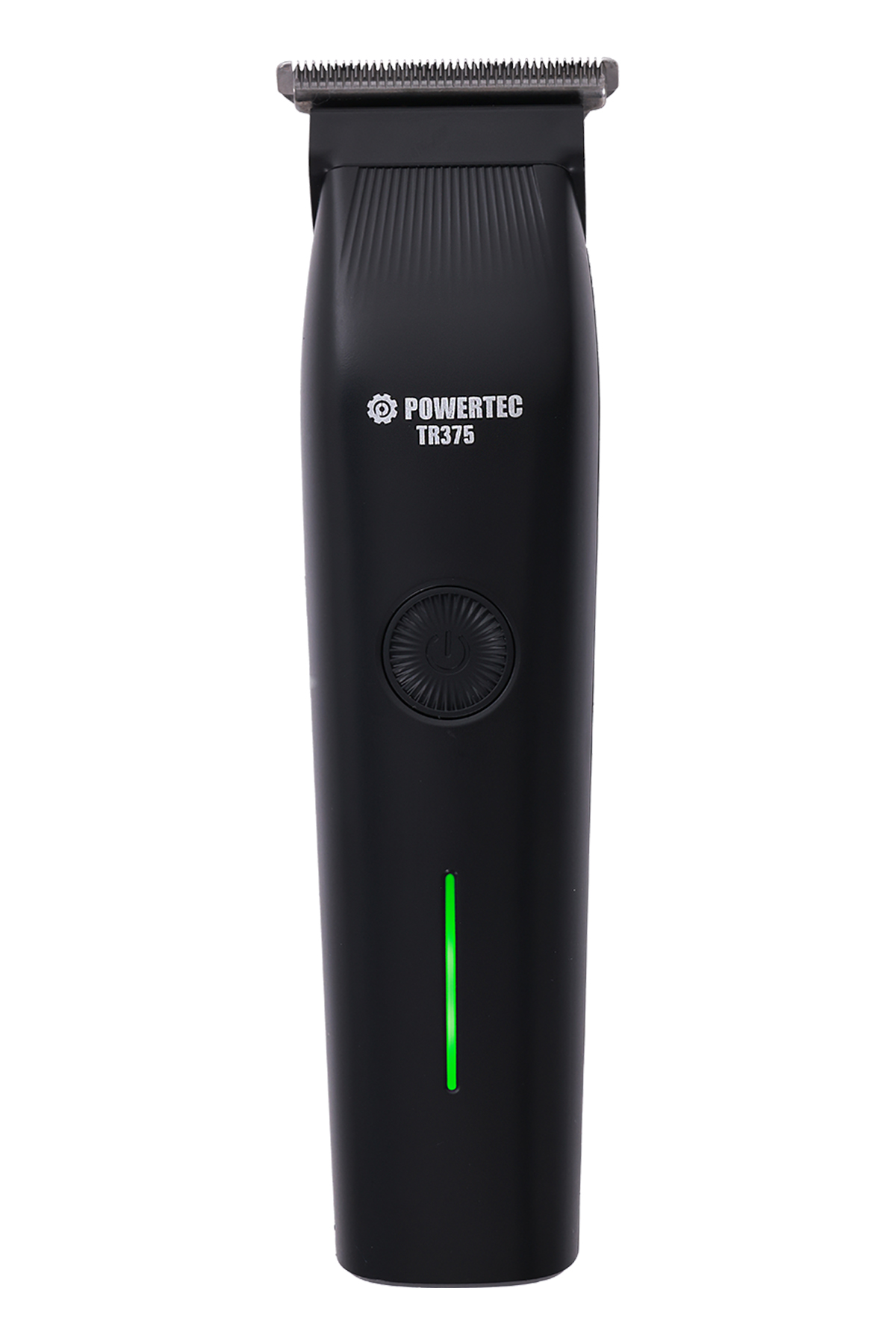 Beyaz arkaplanda güç düğmeli ve yeşil ışıklı siyah Powertec TR375 saç kesme makinesi.