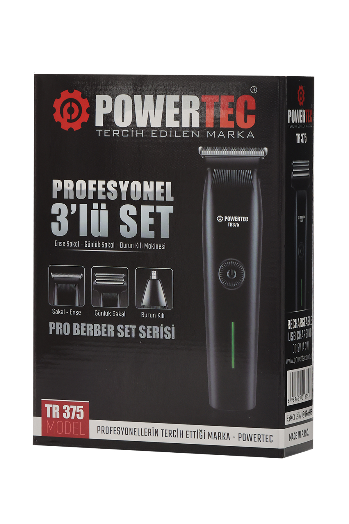 Beyaz ve kırmızı yazılı siyah Powertec TR 375 tıraş makinesi seti kutusu.