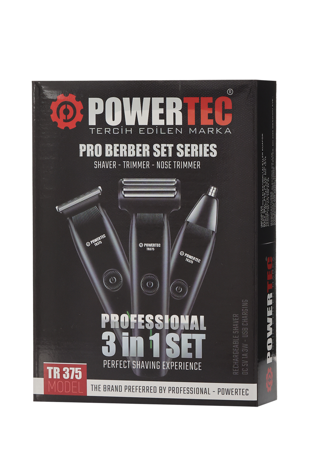 Önünde üç siyah bakım cihazı bulunan Powertec TR 375 3'ü 1 arada tıraş seti ambalaj kutusu.