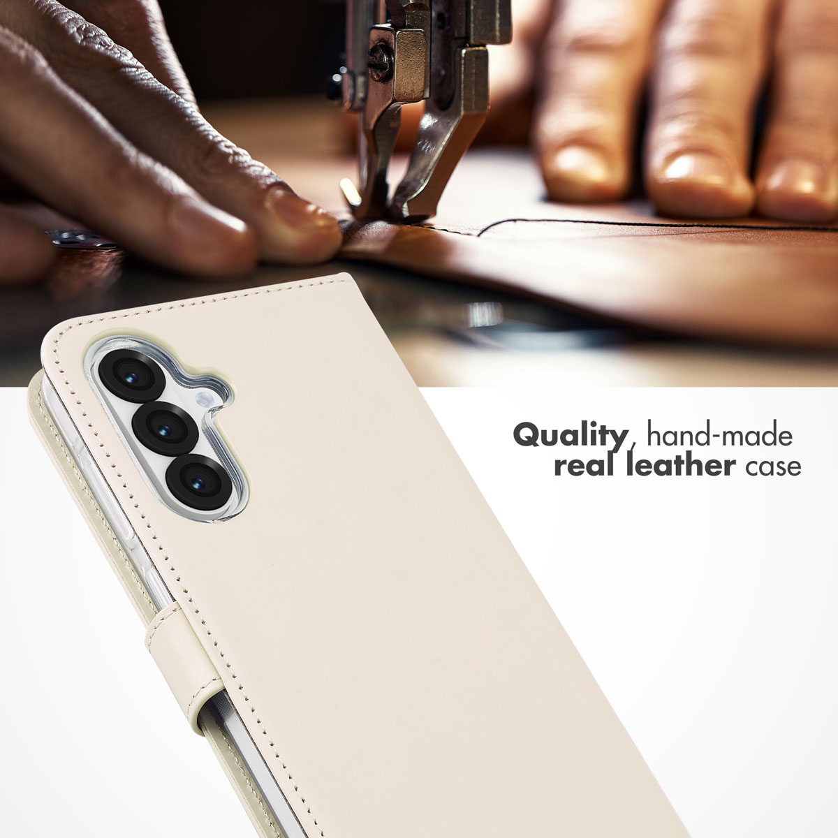 Se muestra una funda de cuero beige con una máquina de cosiendo cuero en el fondo difuminado.