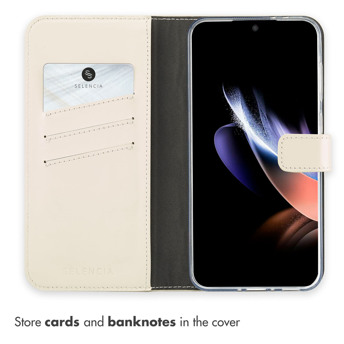 Funda de cuero beige para teléfono con tarjeteros en el interior izquierdo y un teléfono en la derecha.