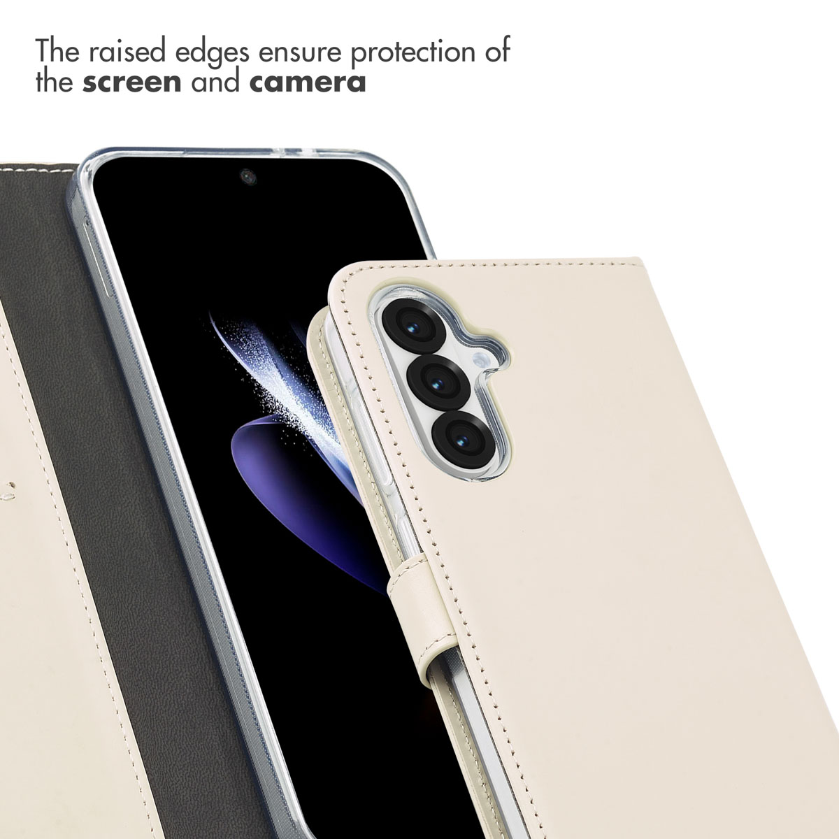 Un smartphone en una funda tipo libro de cuero claro con bordes elevados para proteger pantalla y cámara.