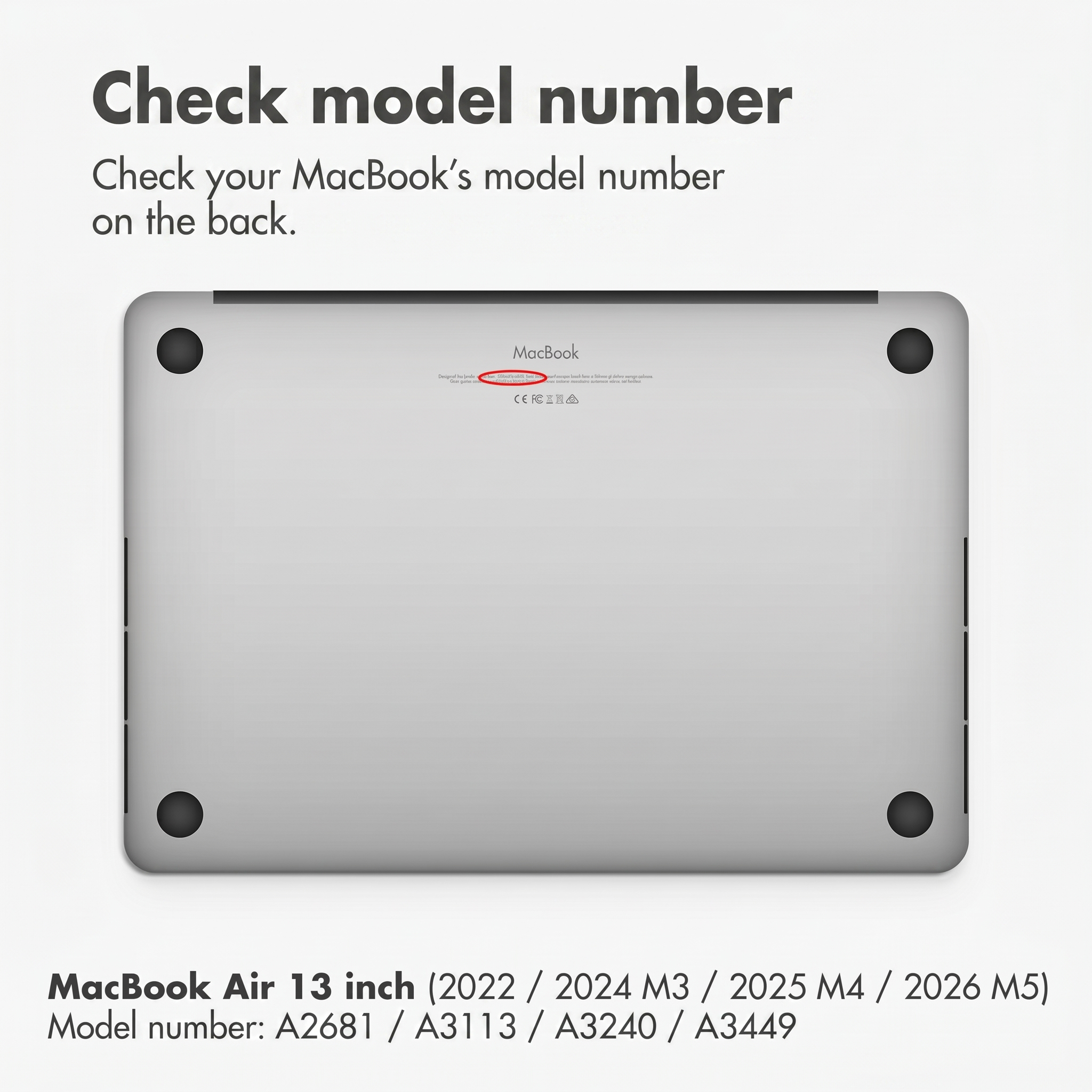 Guía para verificar el número de modelo del MacBook en la parte trasera.