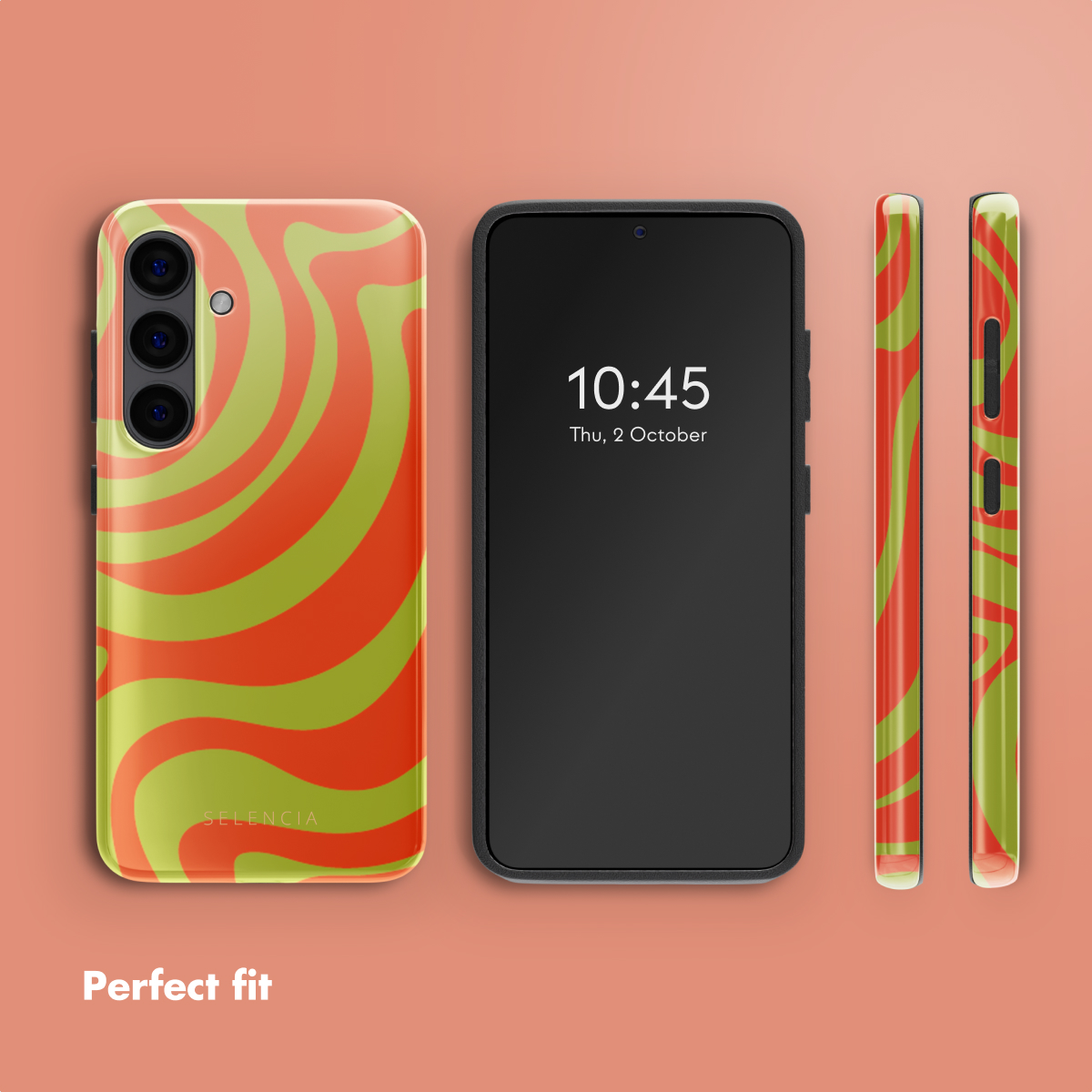 Un smartphone con una funda protectora con remolinos naranjas y verdes se encuentra sobre una superficie naranja.