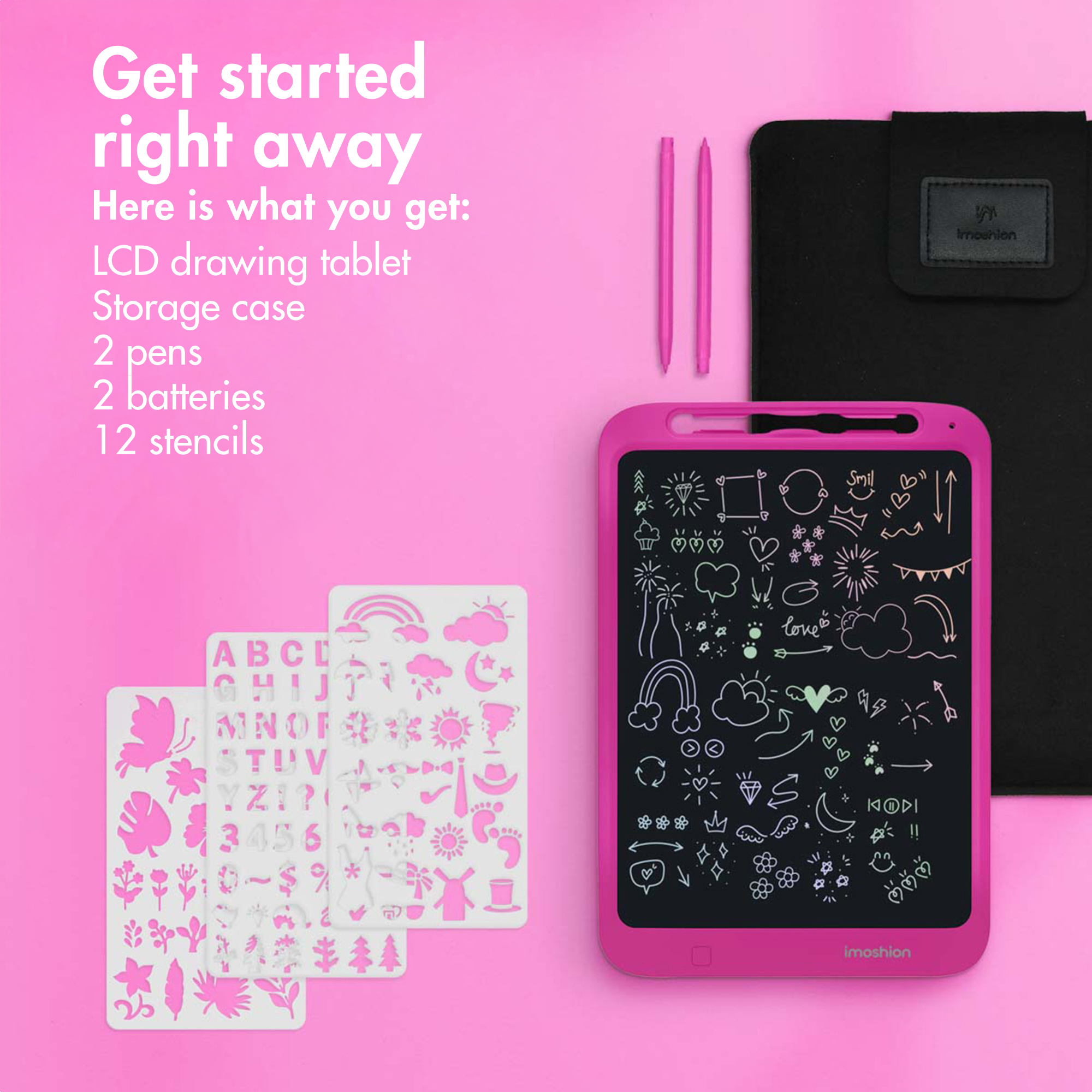 Tavoletta da scrittura LCD rosa con penne, custodia e stencil su sfondo rosa.