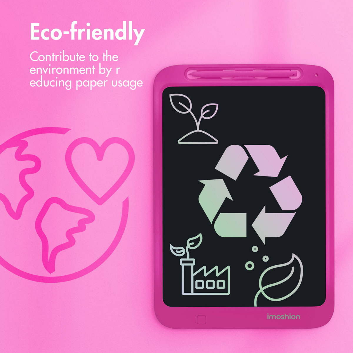 Tavoletta di scrittura LCD rosa su sfondo rosa con simboli di riciclaggio e testo ecologico.