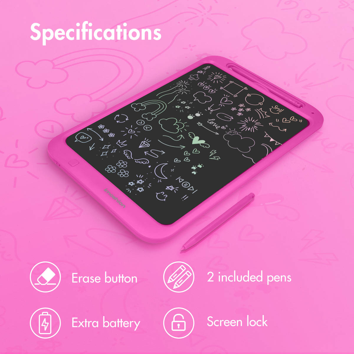 Tavoletta di scrittura LCD rosa con stilo e disegni sullo schermo nero.