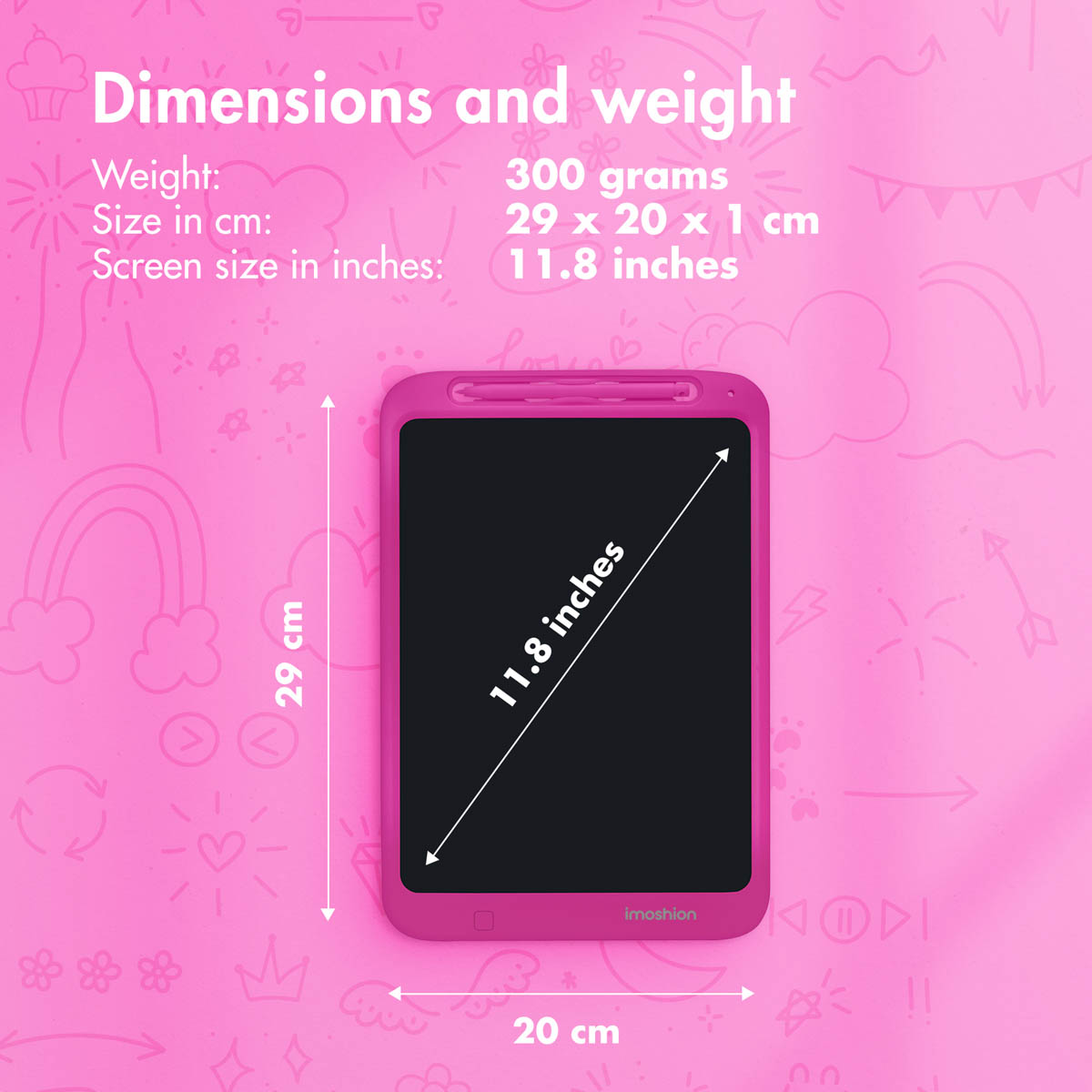 Tavoletta di scrittura LCD rosa su sfondo rosa con dimensioni: 300 grammi, 29 x 20 x 1 cm e schermo da 11,8 pollici.