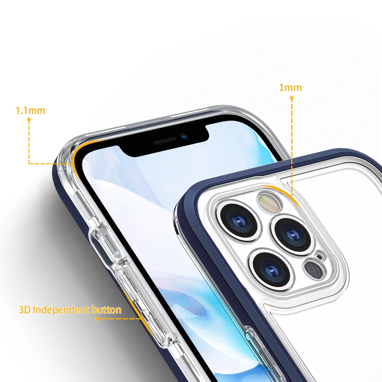 Smartphone in custodia protettiva che evidenzia misure di 1,1 mm, 1 mm e tasto 3D.