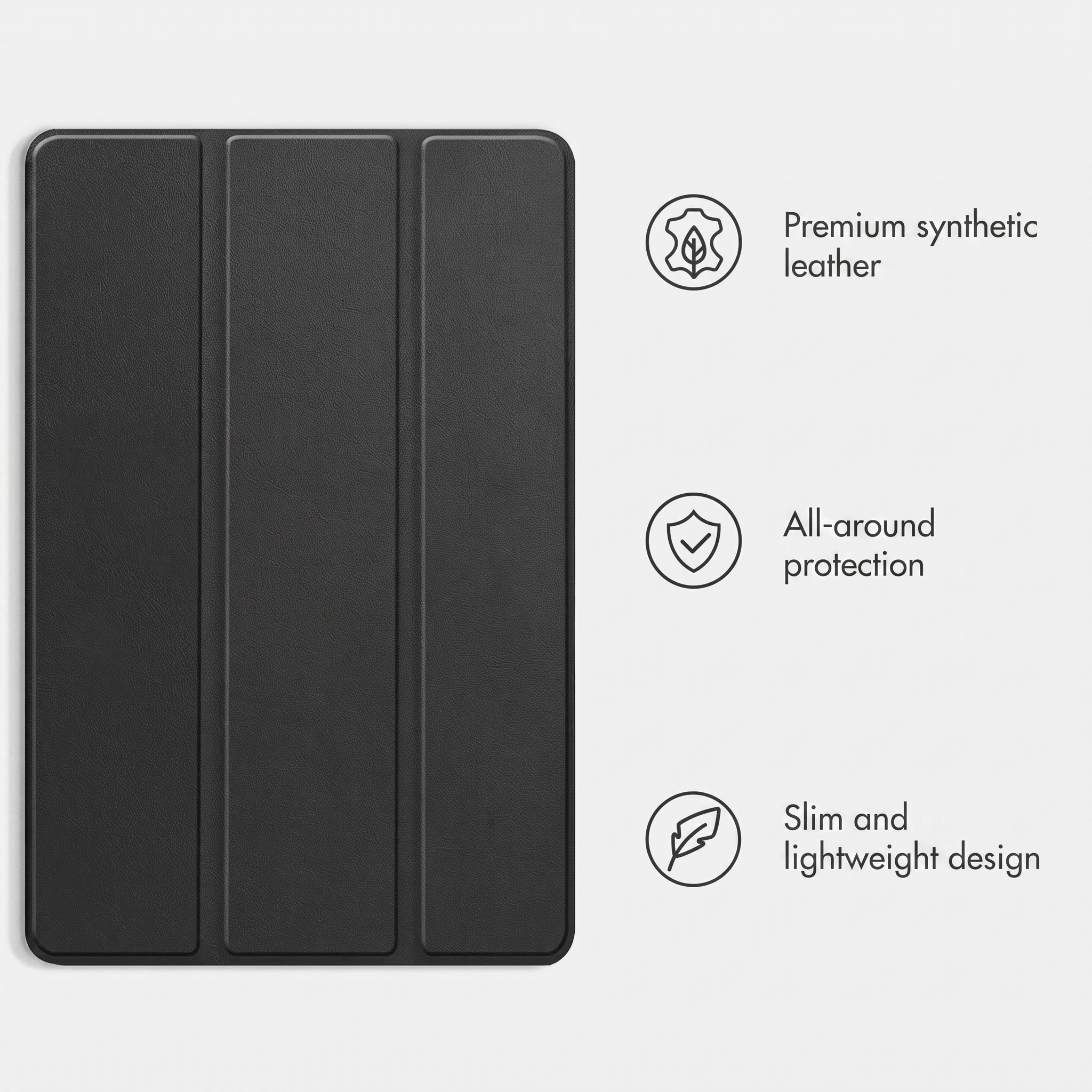 Una custodia nera per tablet in pelle sintetica, protezione a 360 gradi e design sottile, con icone delle funzioni.
