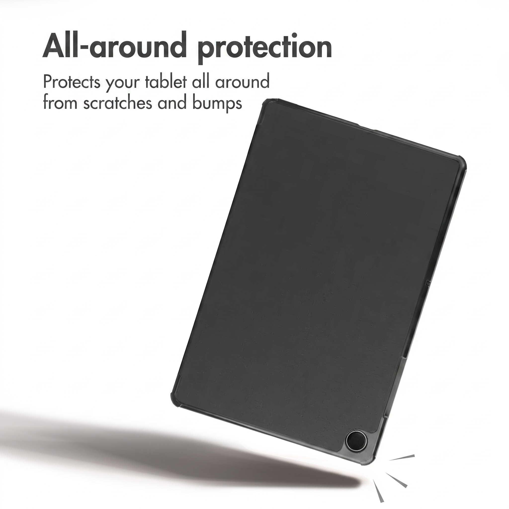 A black tablet in a protective case floats on a white background with text.
