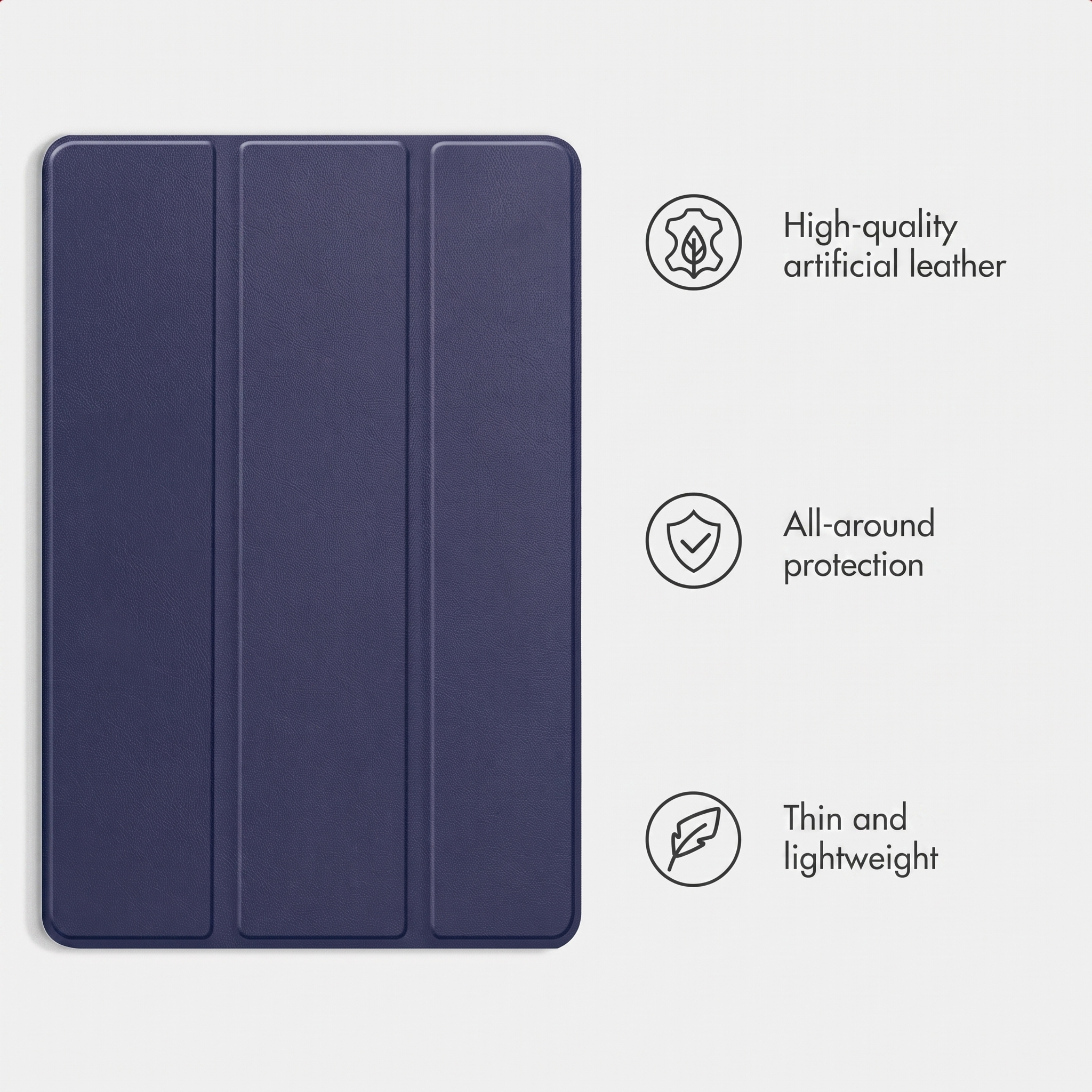 Dunkelblaue Tablet-Hülle mit drei Faltpanels und drei Feature-Icons mit Text auf weißem Hintergrund.