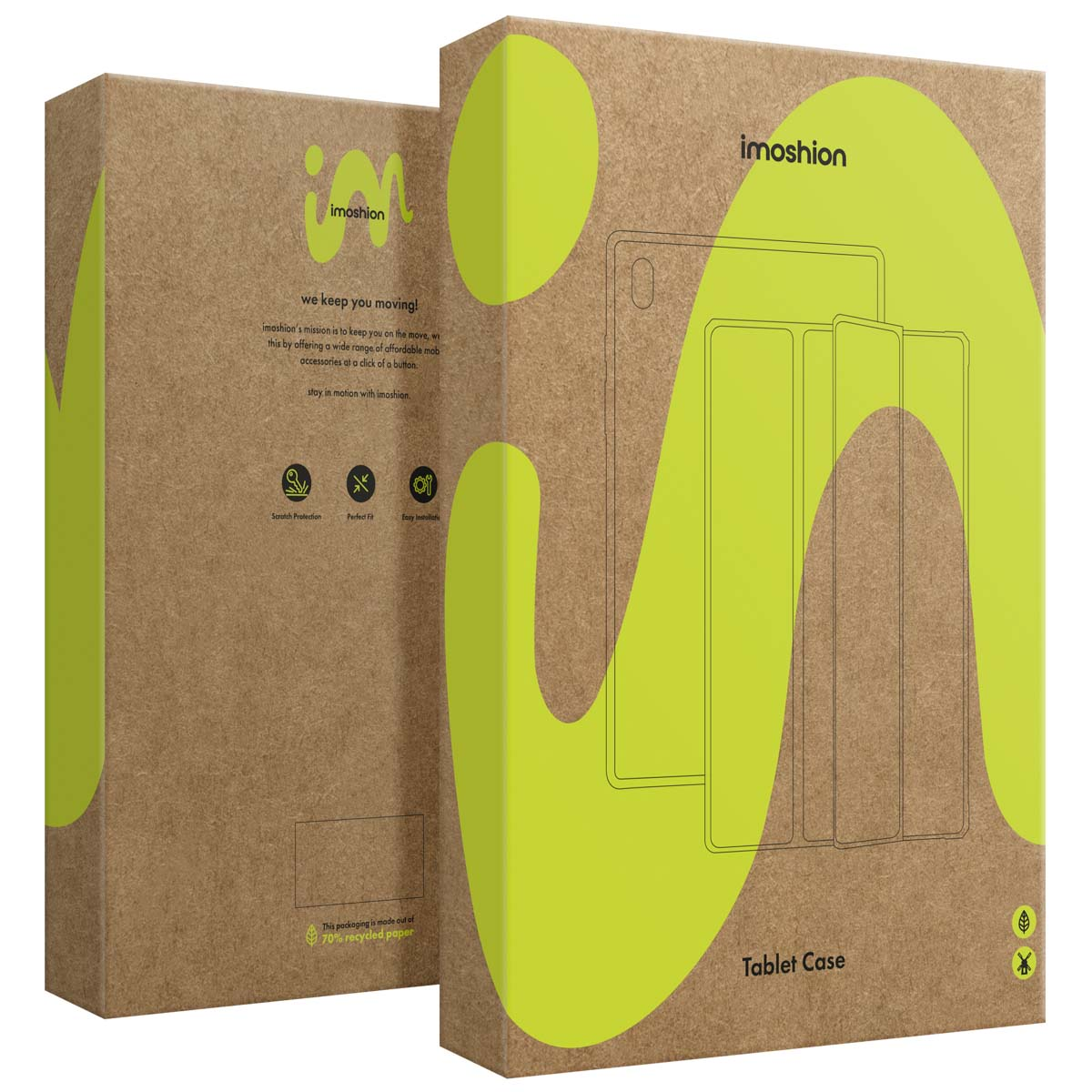 Due scatole di cartone riciclato per custodie di tablet con accenti verde brillante e testo.