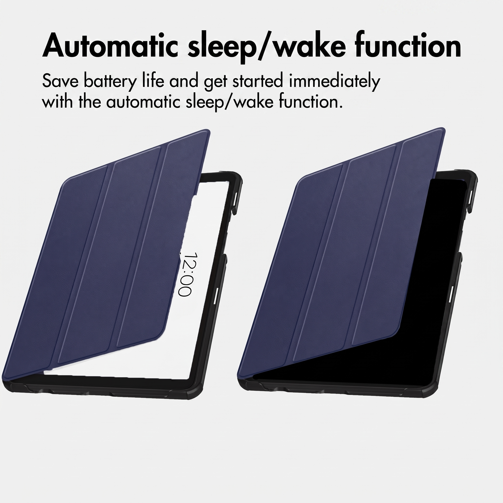 Blaue Tablet-Hülle zeigt automatische Sleep/Wake-Funktion mit hellem und dunklem Bildschirm.