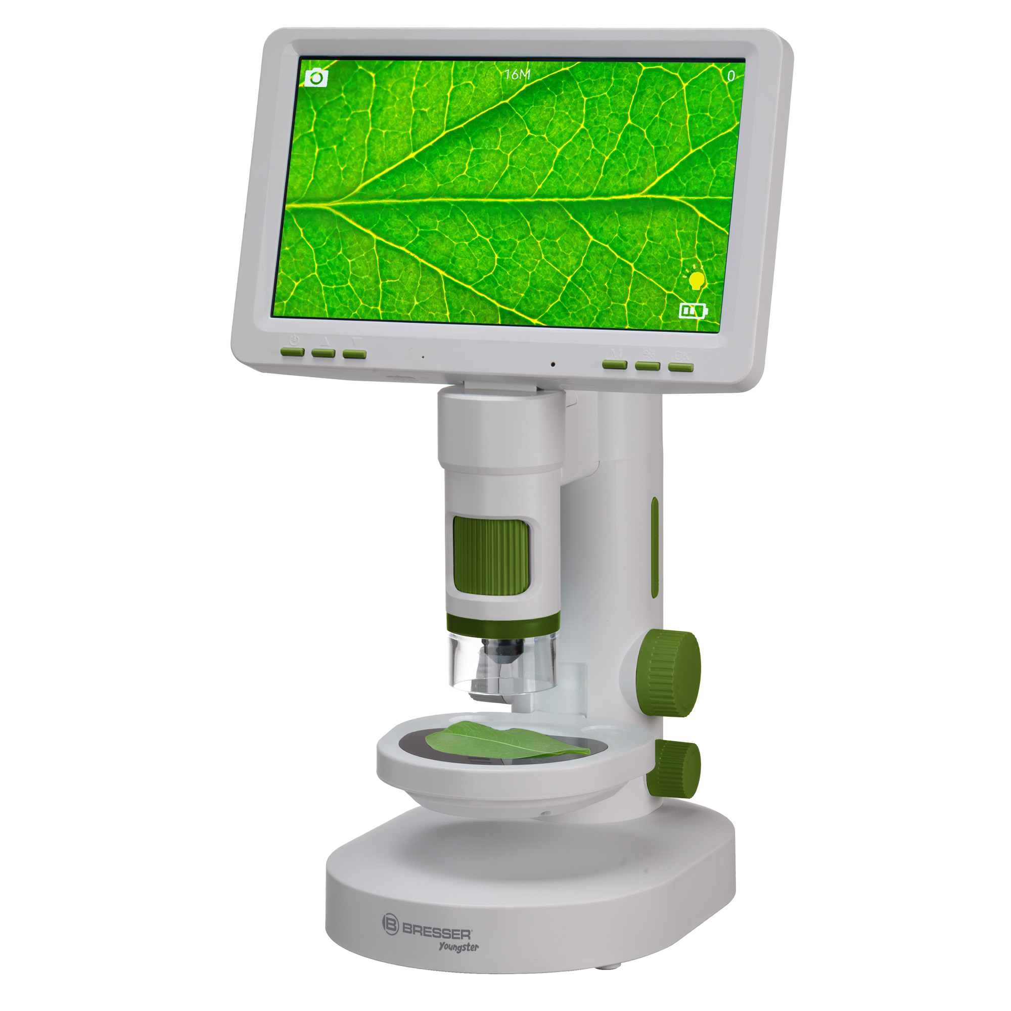 Un microscopio digital blanco con detalles verdes muestra una hoja verde en su pantalla grande.