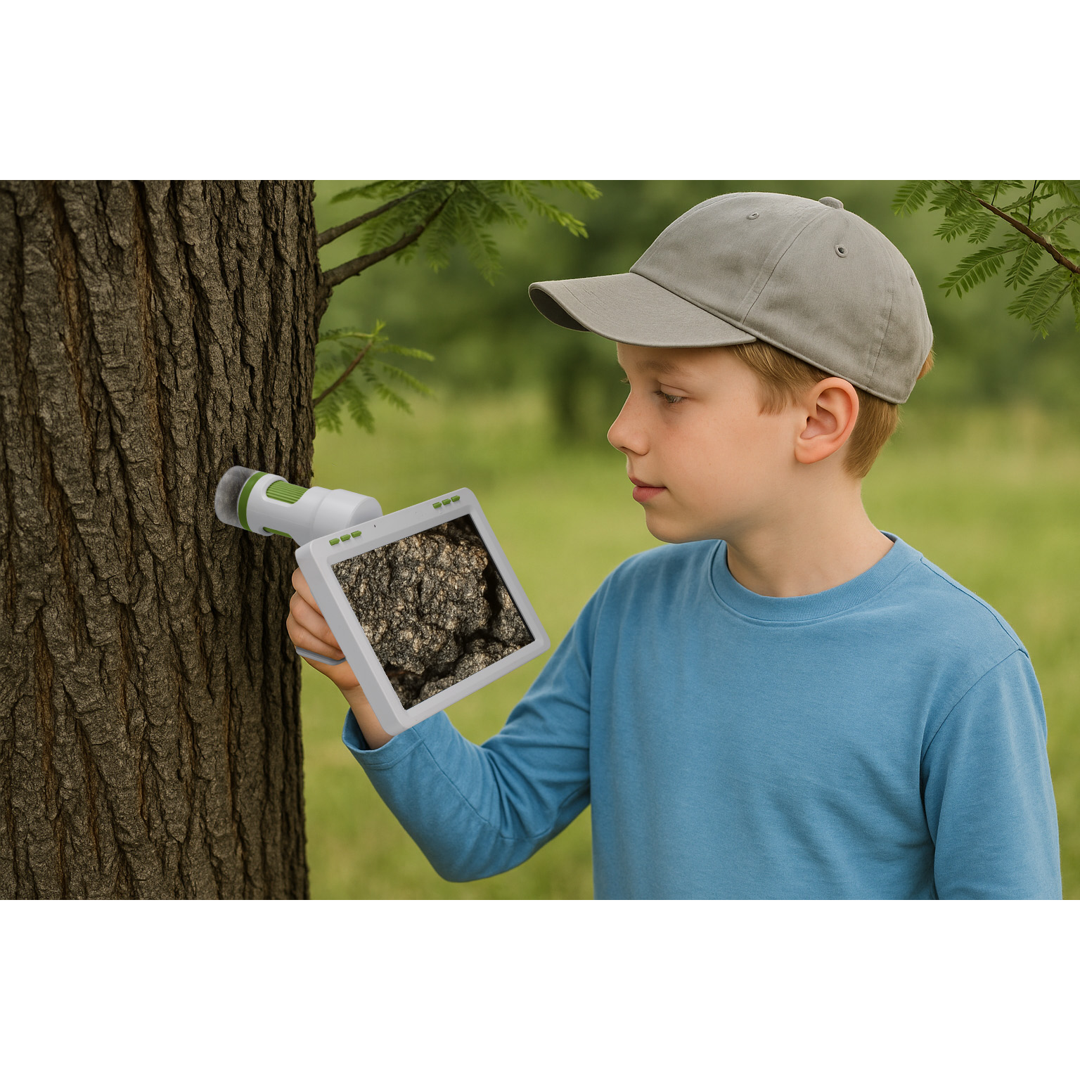 Un niño con ropa azul y gorra gris sostiene un microscopio portátil contra la corteza de un árbol.