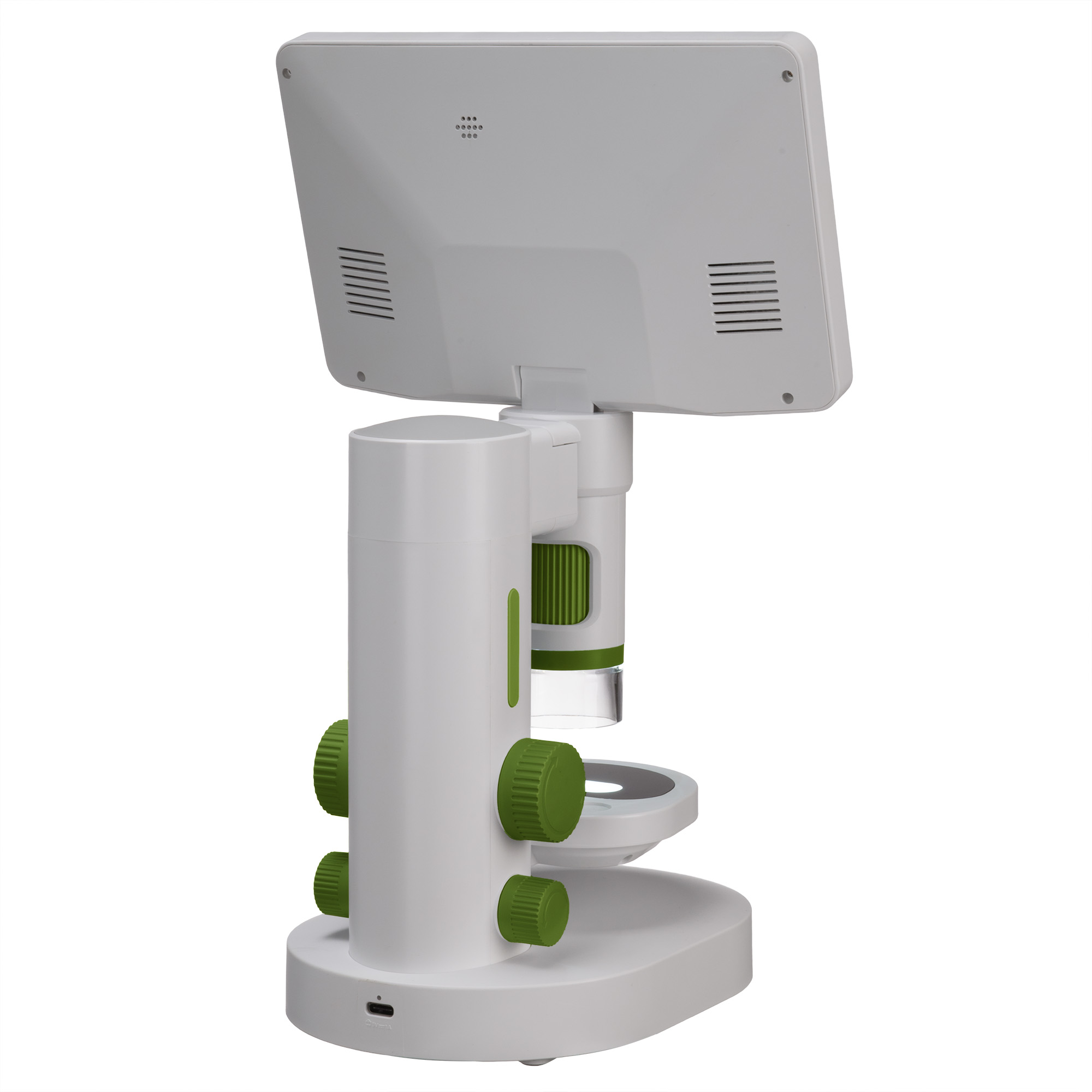 Un microscopio digital blanco con una pantalla adjunta y perillas de ajuste verdes.