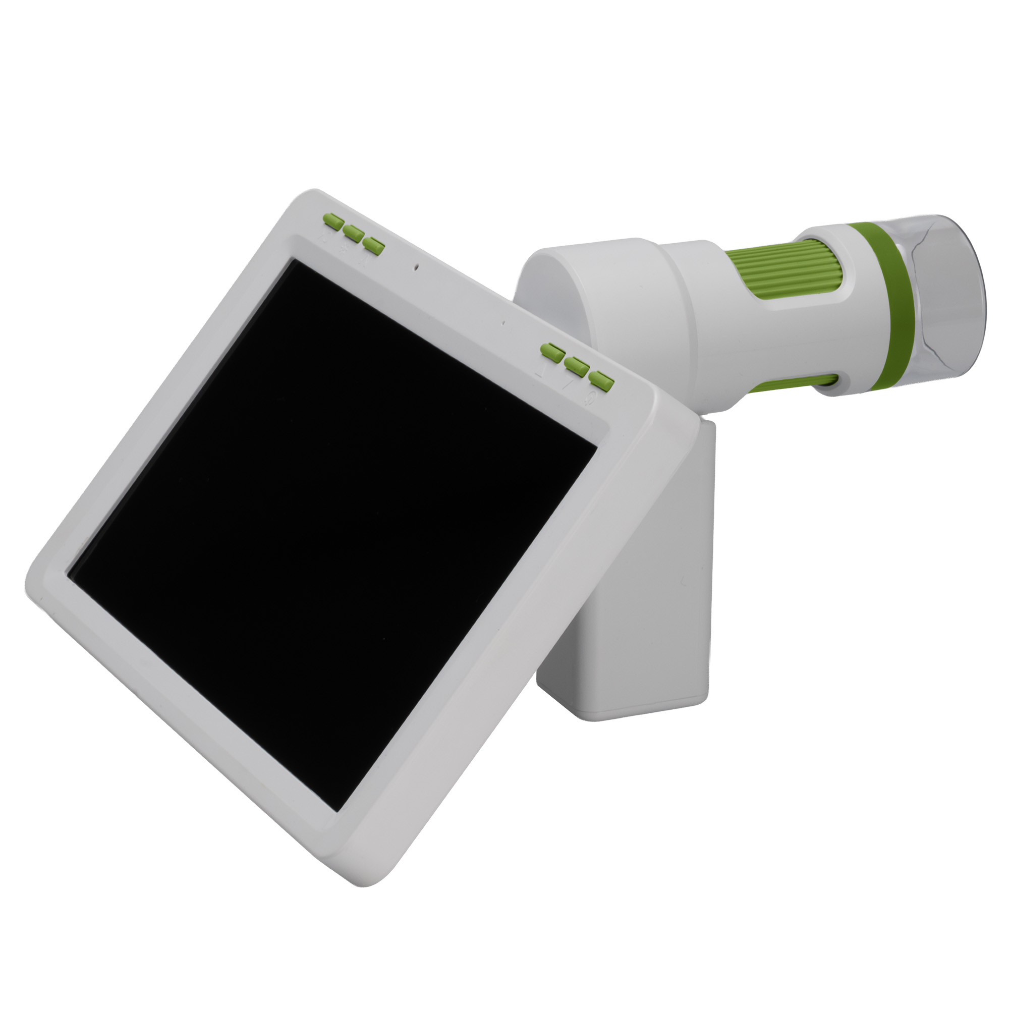 Dispositivo médico portátil blanco con pantalla y botones verdes.