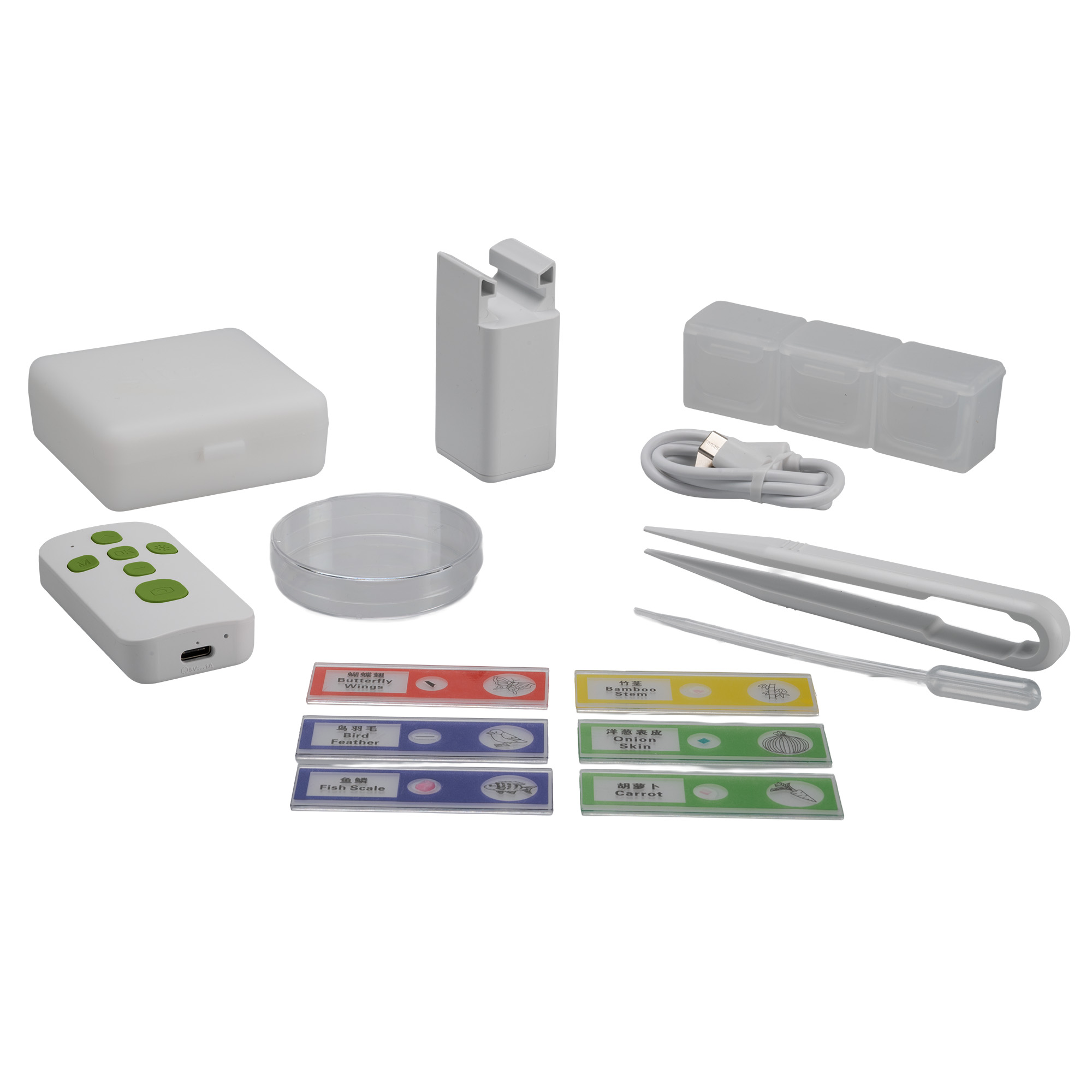 Un juego de accesorios para microscopio portátil que incluye soporte, portaobjetos, pinzas y caja.