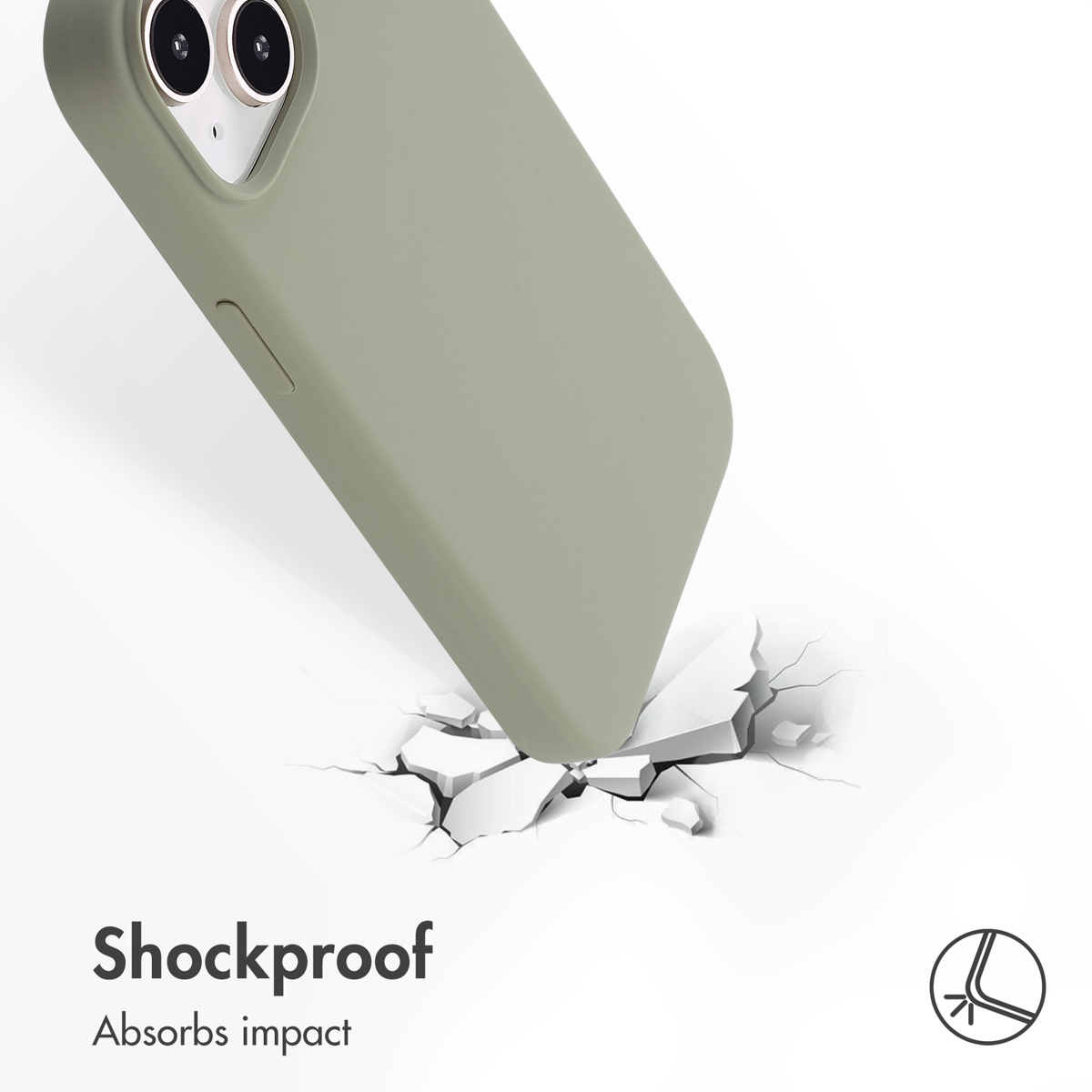 A green smartphone drops onto a cracked white surface. Text reads Shockproof, Absorbs impact.
