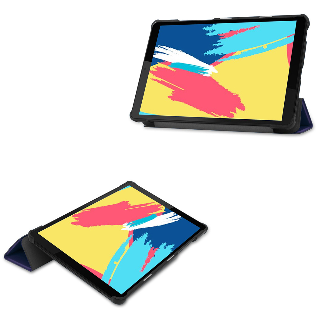 Deux étuis de tablette noirs avec des arrière-plans abstraits colorés sur les écrans.