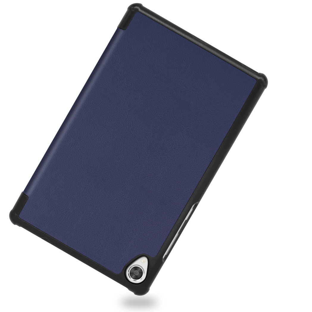 Une coque de tablette bleu foncé avec pare-chocs noir, coins renforcés et découpe pour l'appareil photo.