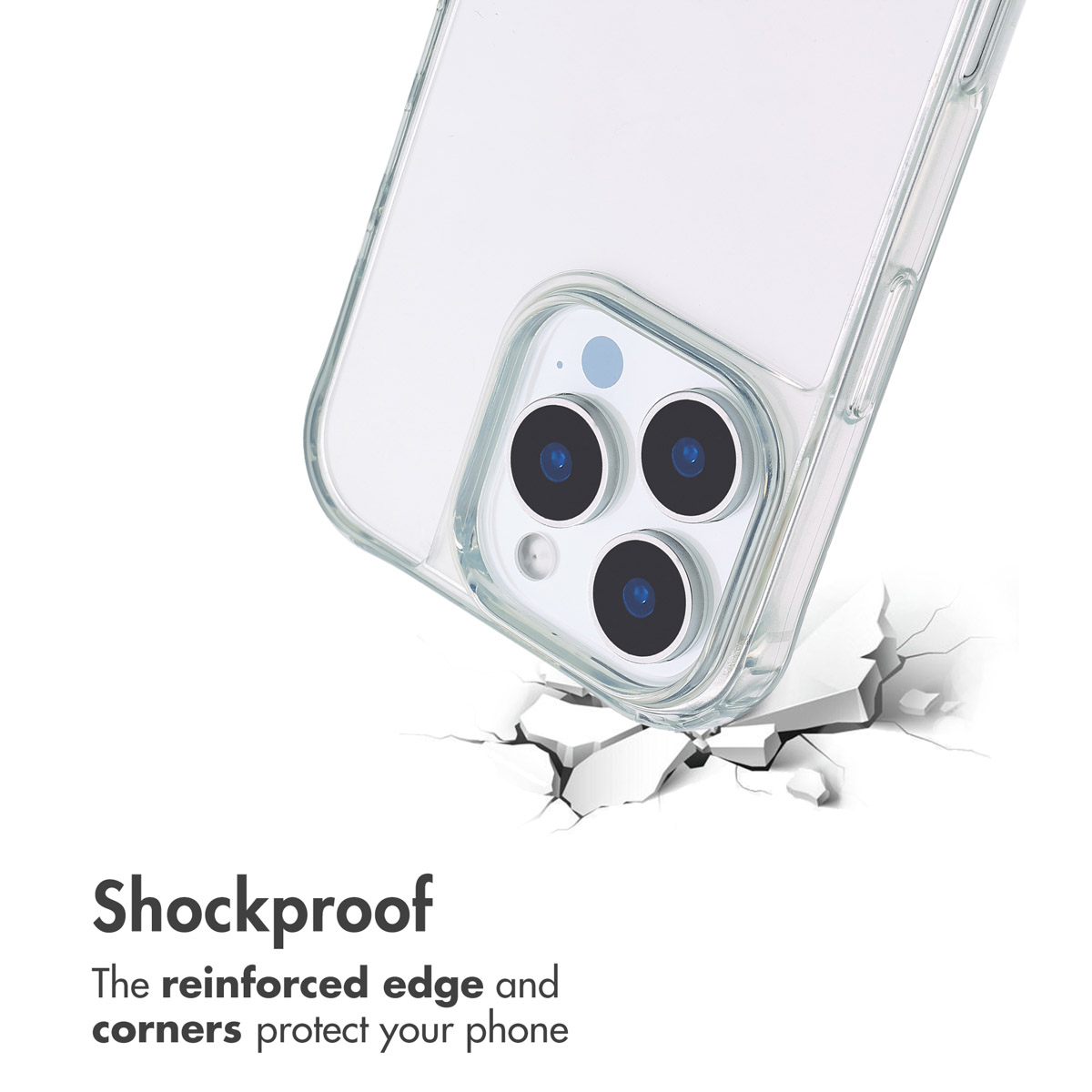 Ein Smartphone in einer Klarsichthülle trifft auf eine zerbrechende weiße Oberfläche.