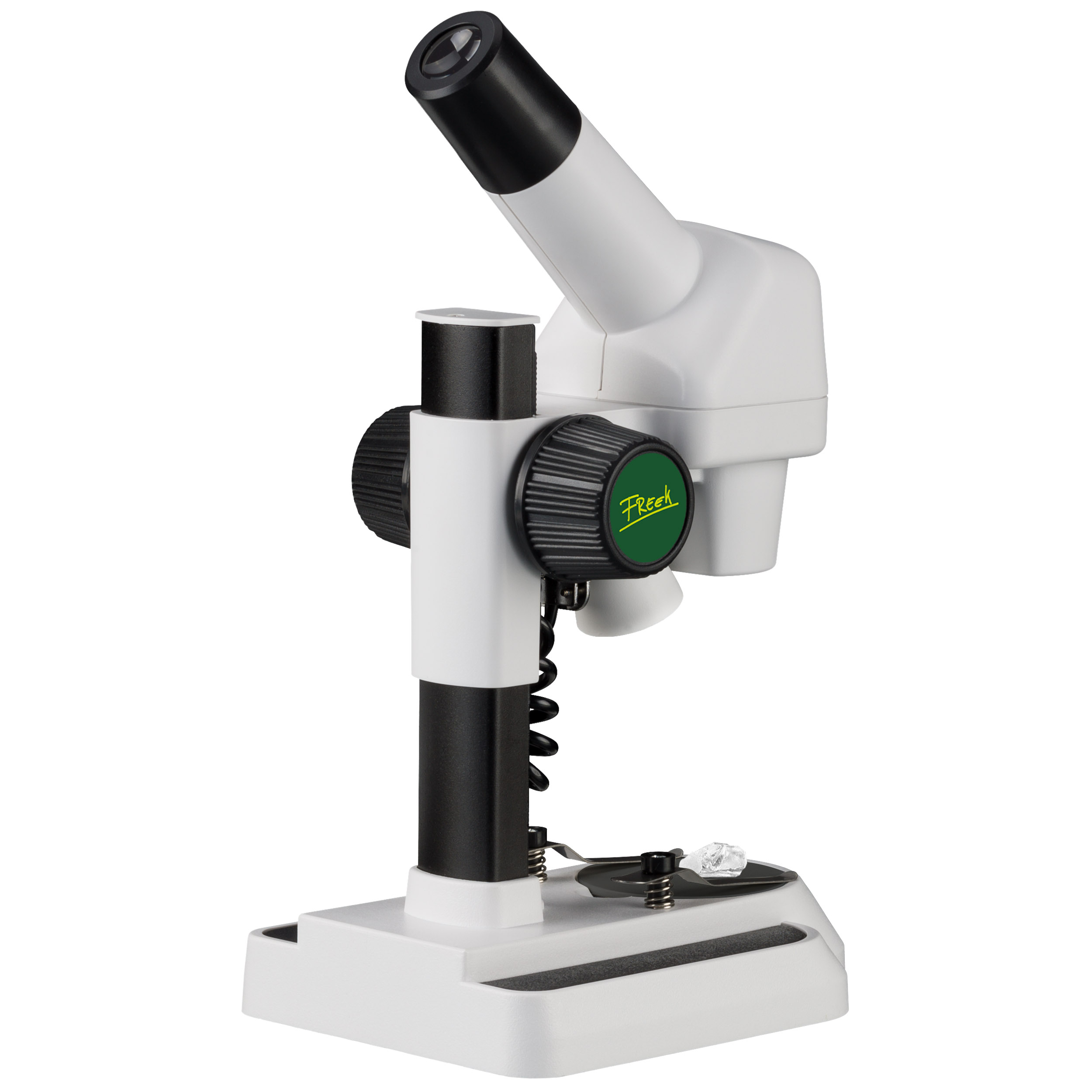 Un microscopio blanco y negro sobre un fondo blanco.