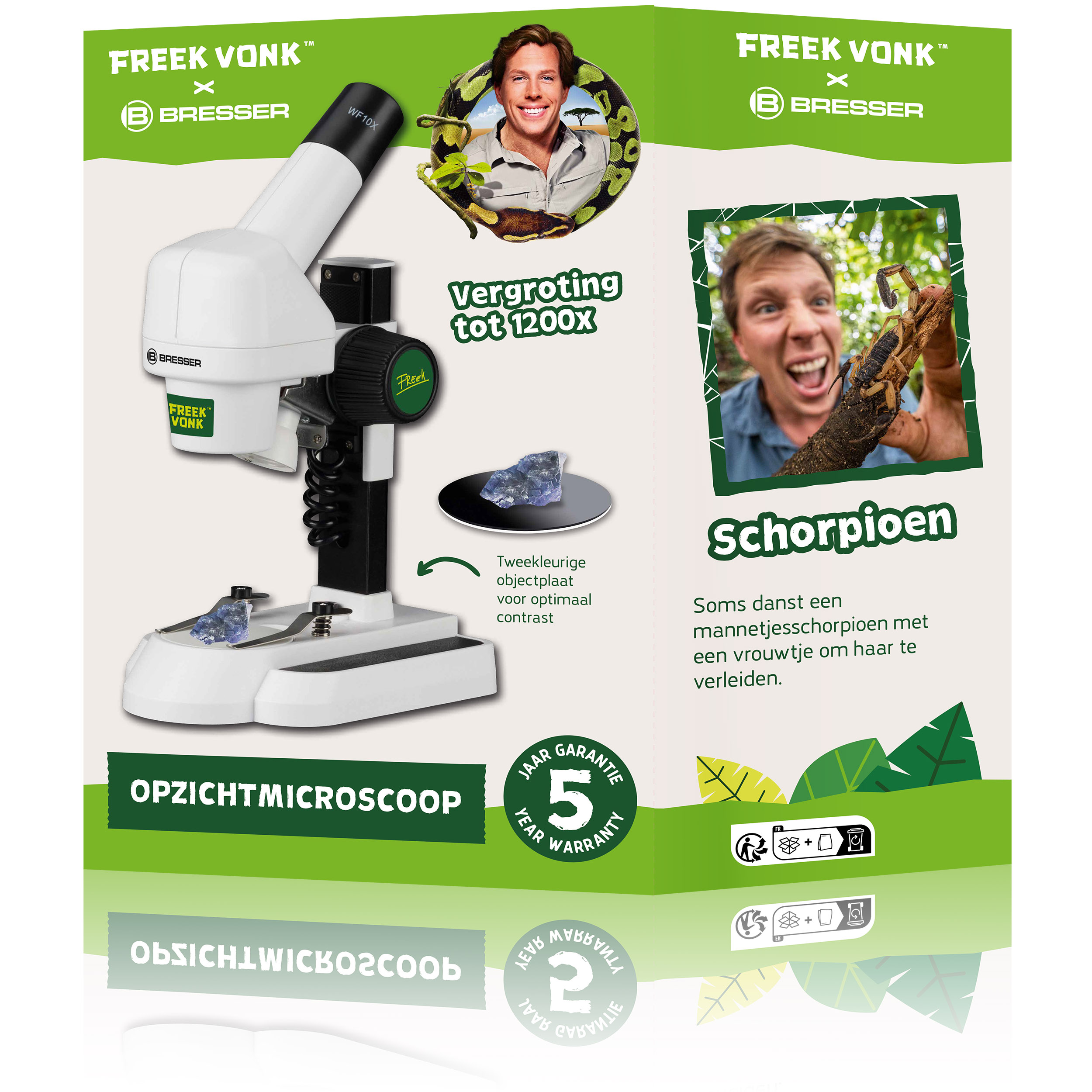 Un póster promocional de un microscopio Freek Vonk x Bresser, con imágenes de productos, texto y una foto de escorpión.