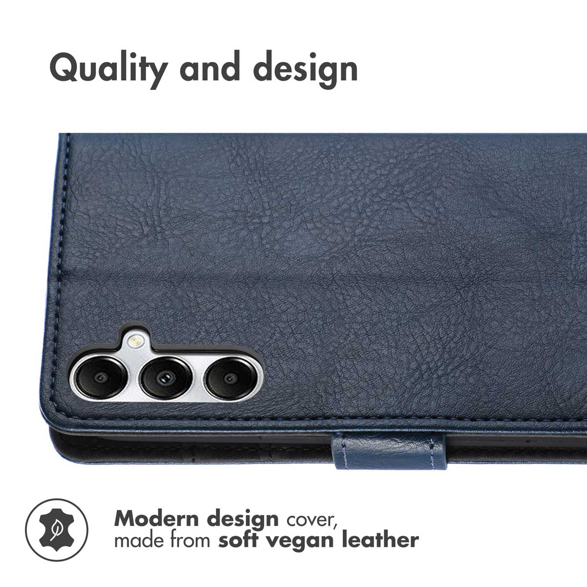 Blauwe vegan lederen hoes met drie camera's, tekst "Quality and design".