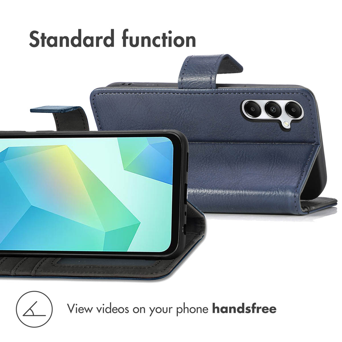 Een blauwe leren telefoonhoes met smartphone, van voren en achteren op een witte achtergrond.