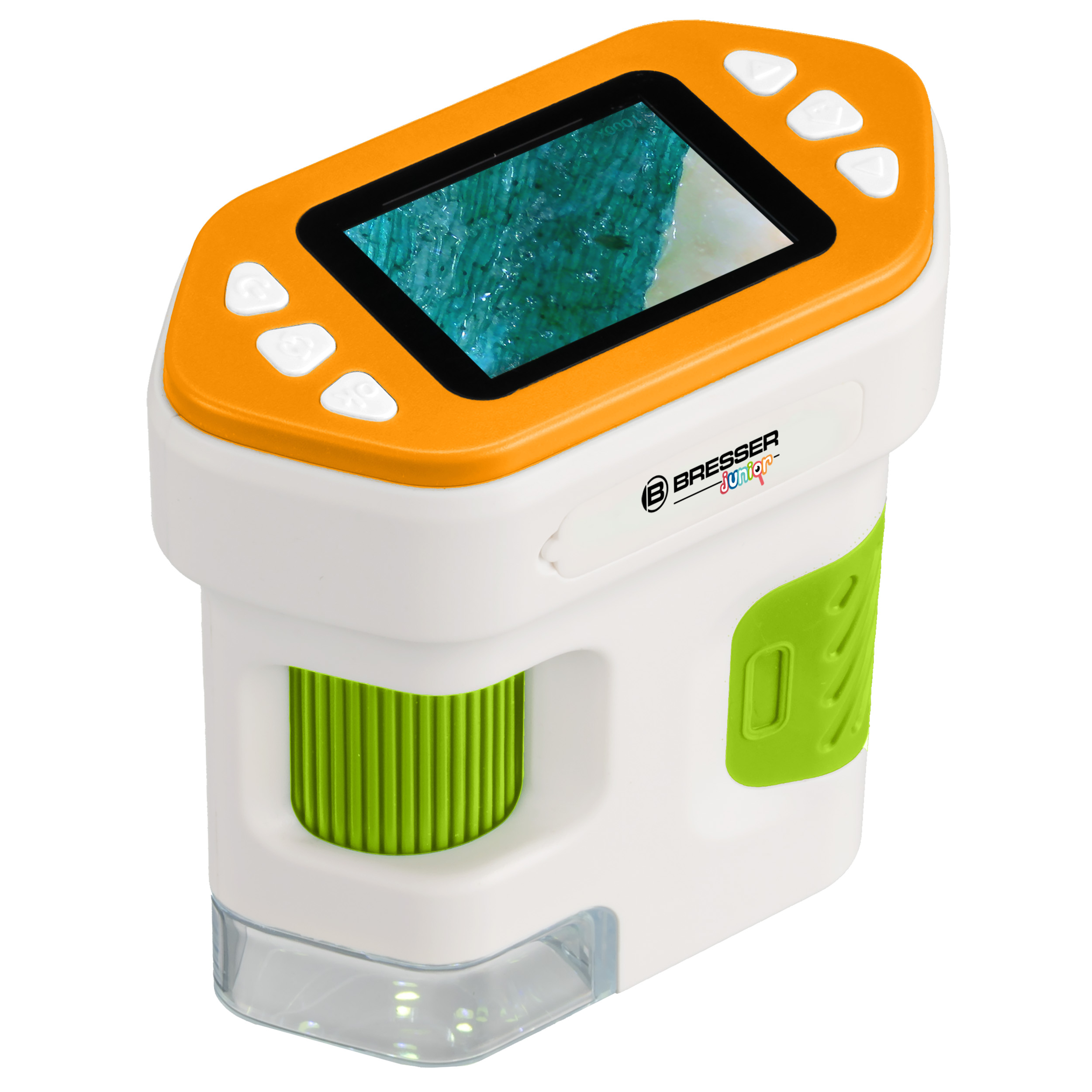 Microscopio digital de mano blanco y naranja con agarre verde y pantalla que muestra una muestra azul.