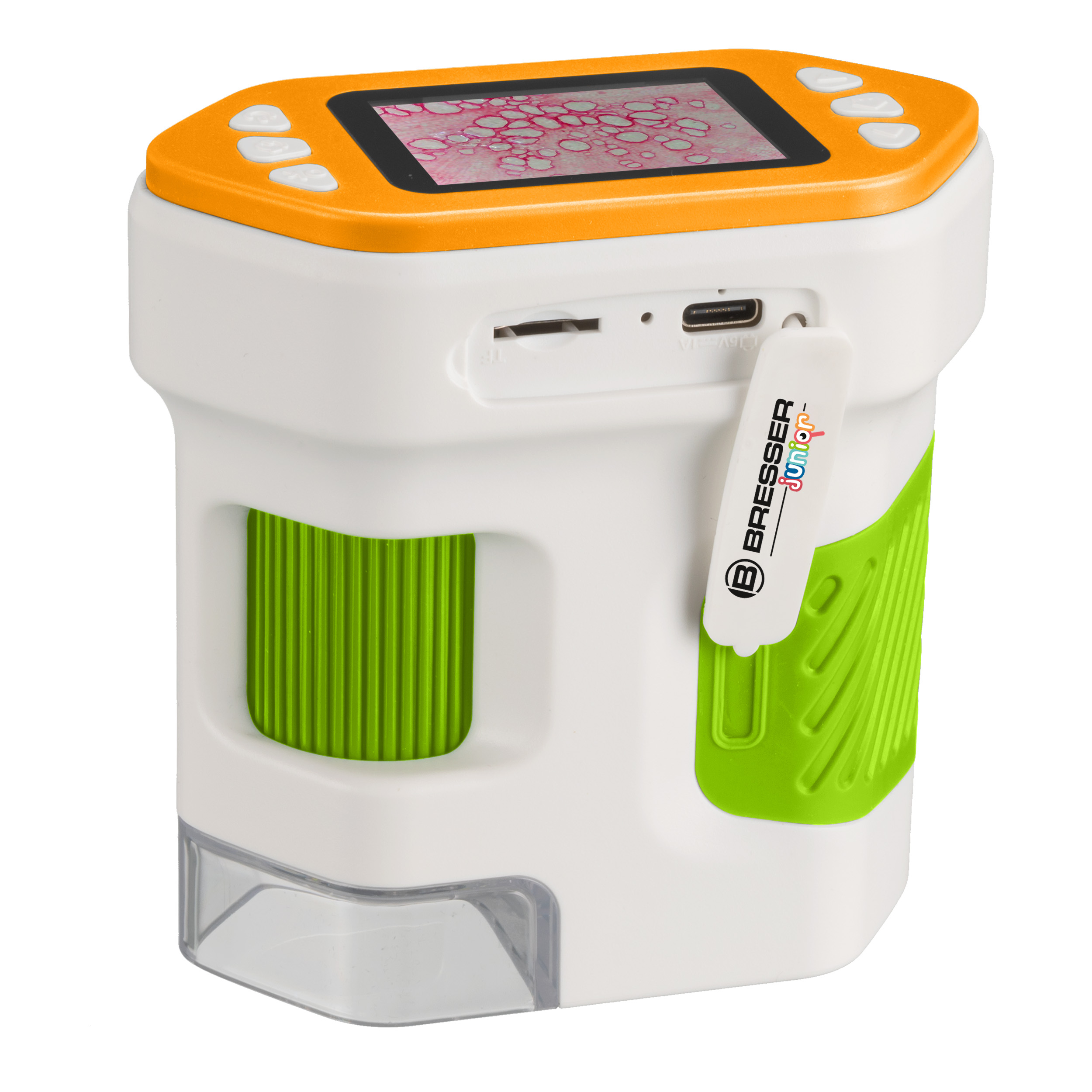 Microscopio digital blanco con parte superior naranja, mango verde y pantalla.